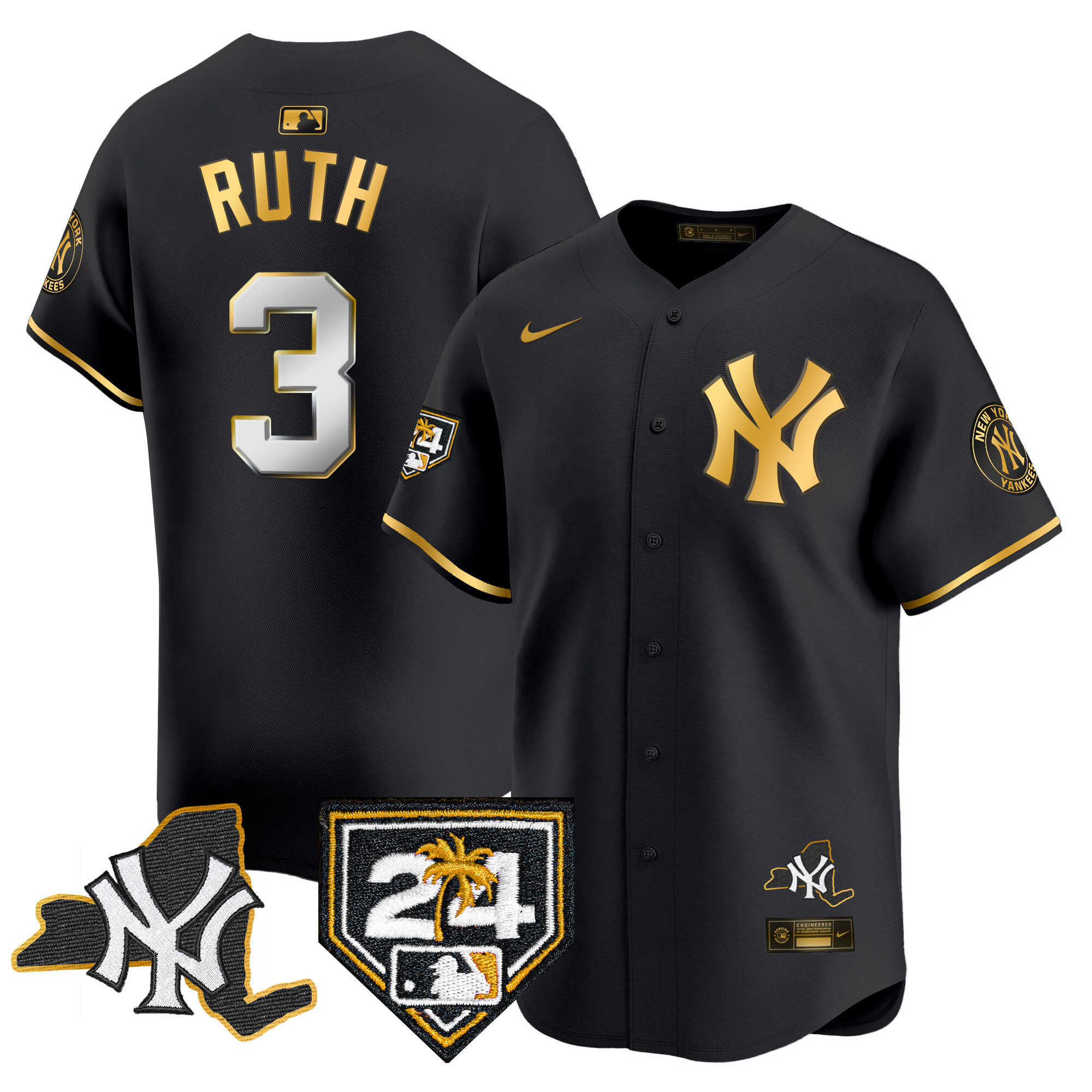 Babe Ruth Men's New York Yankees Vapor Premier Limited - New York Patch Black Gold Jersey