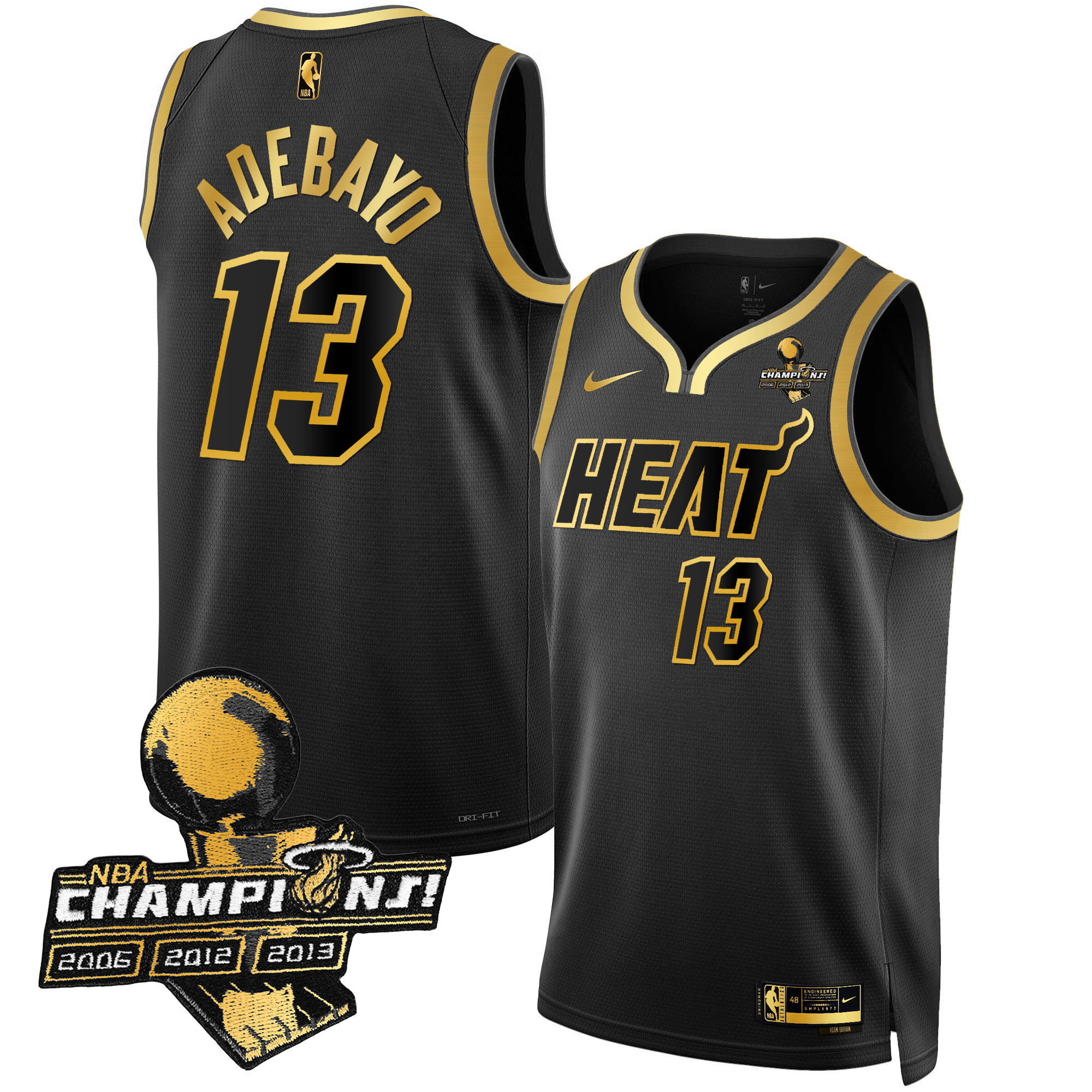Bam Adebayo Men's Miami Heat 3-Time Champions Patch Collection Black Gold Jersey - All Stitched