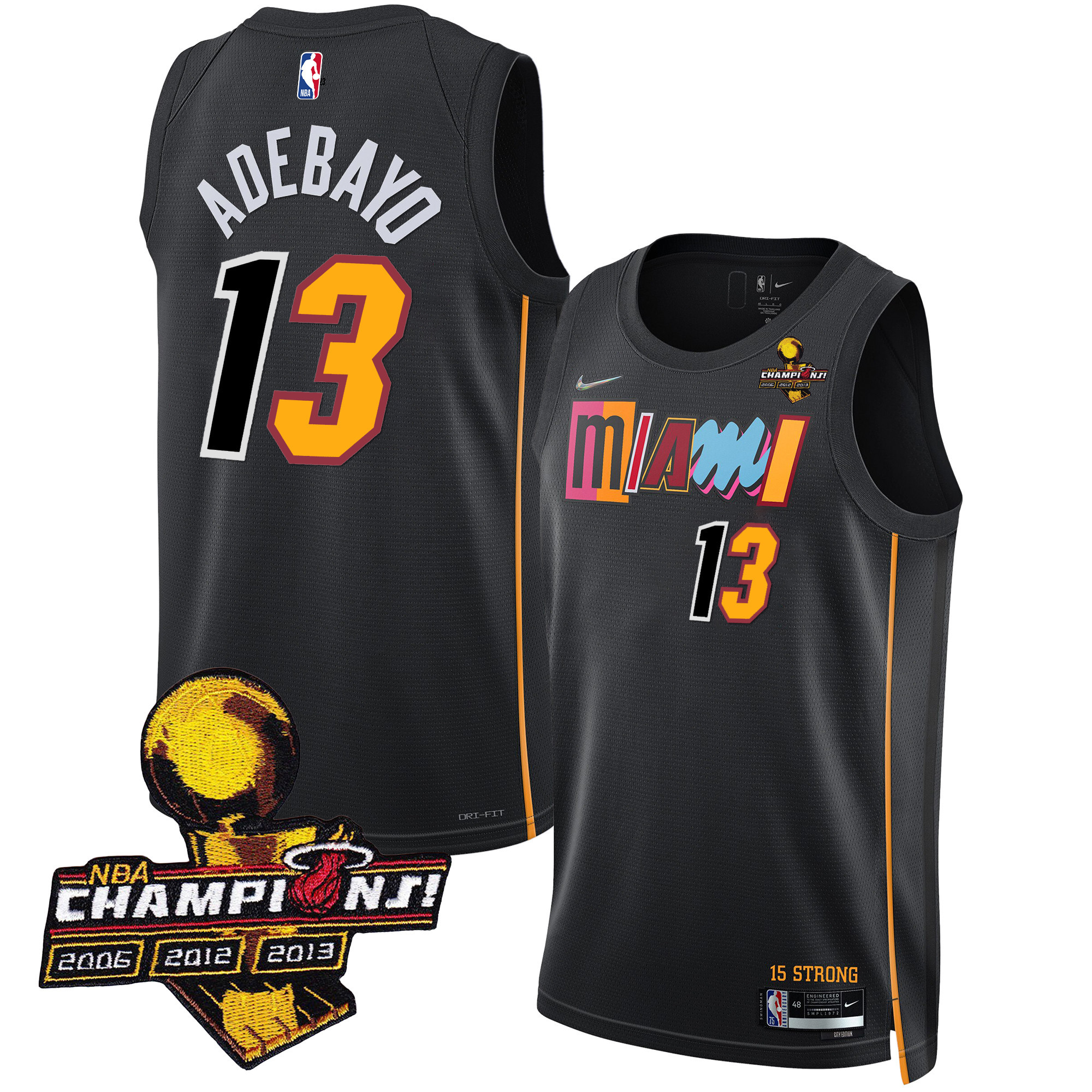 Bam Adebayo Men's Miami Heat 3-Time Champions Patch Collection City Black Jersey - All Stitched