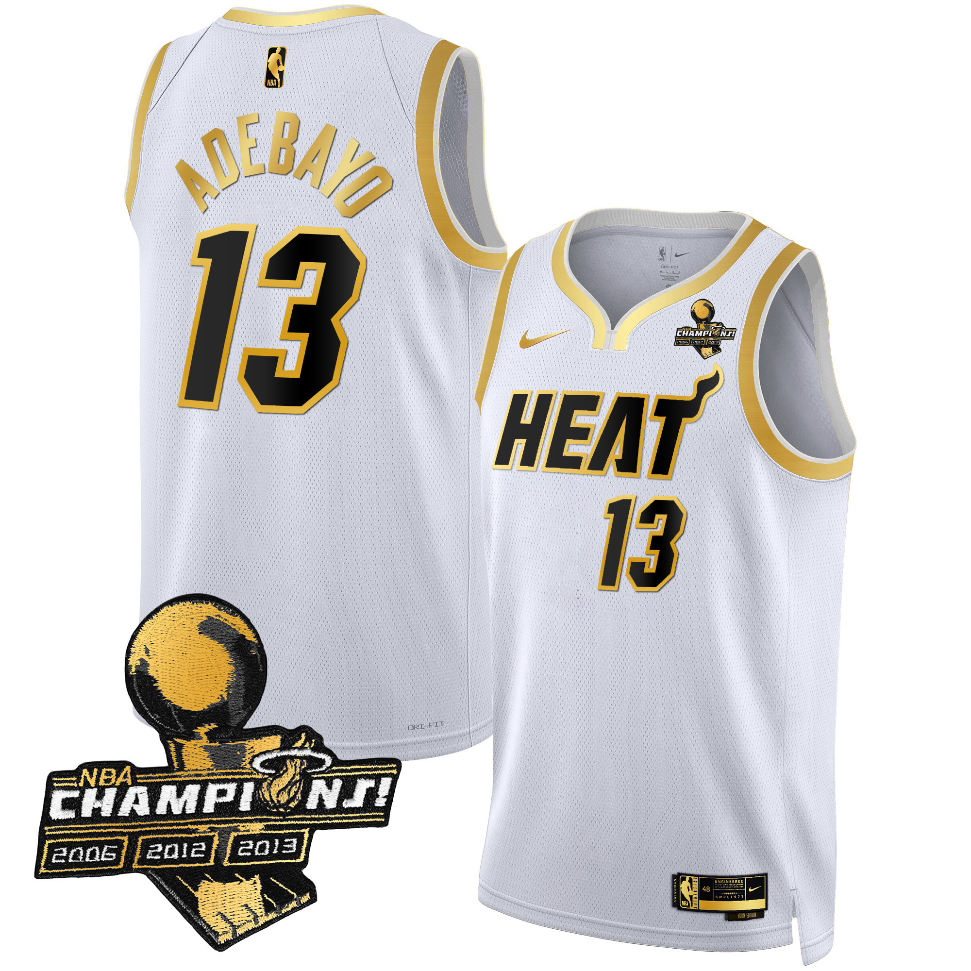 Bam Adebayo Men's Miami Heat 3-Time Champions Patch Collection White Gold Jersey - All Stitched