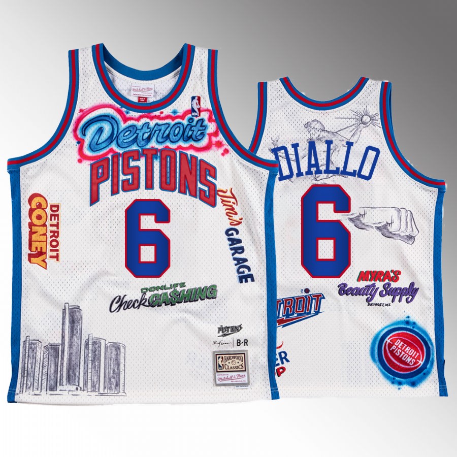 Big Sean X Mitchell Ness Hamidou Diallo Detroit Pistons White #6 Jersey BR Remix