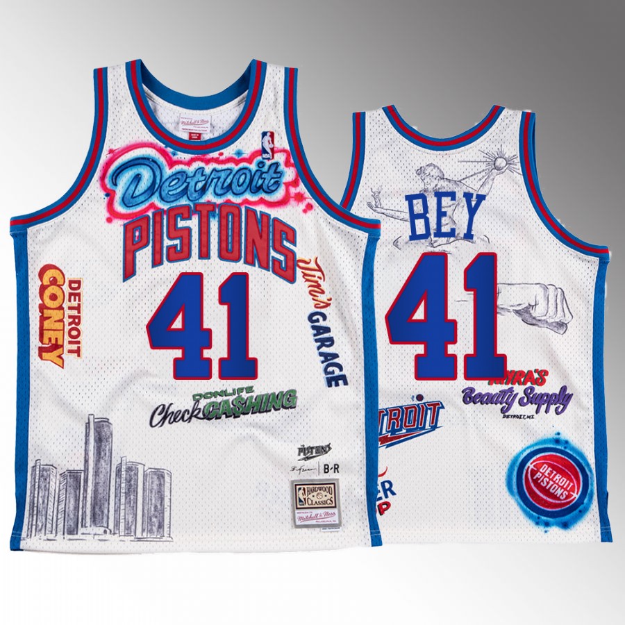 Big Sean X Mitchell Ness Saddiq Bey Detroit Pistons White #41 Jersey BR Remix