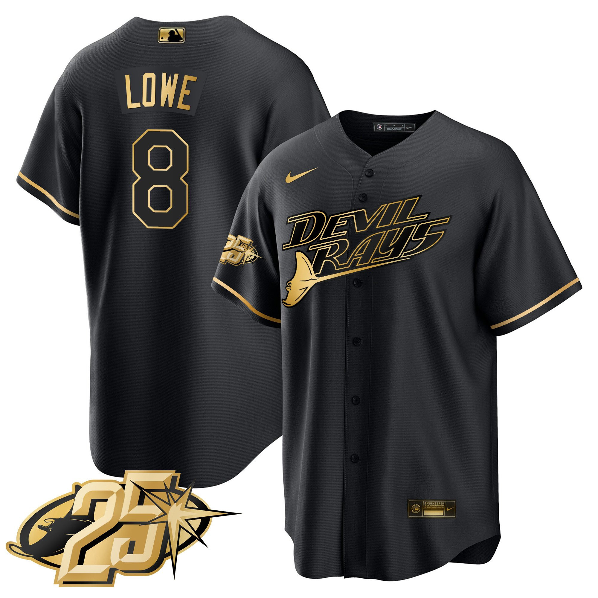 Brandon Lowe Men's Tampa Bay Rays 25th Anniversary Patch Cool Base Black Gold Jersey
