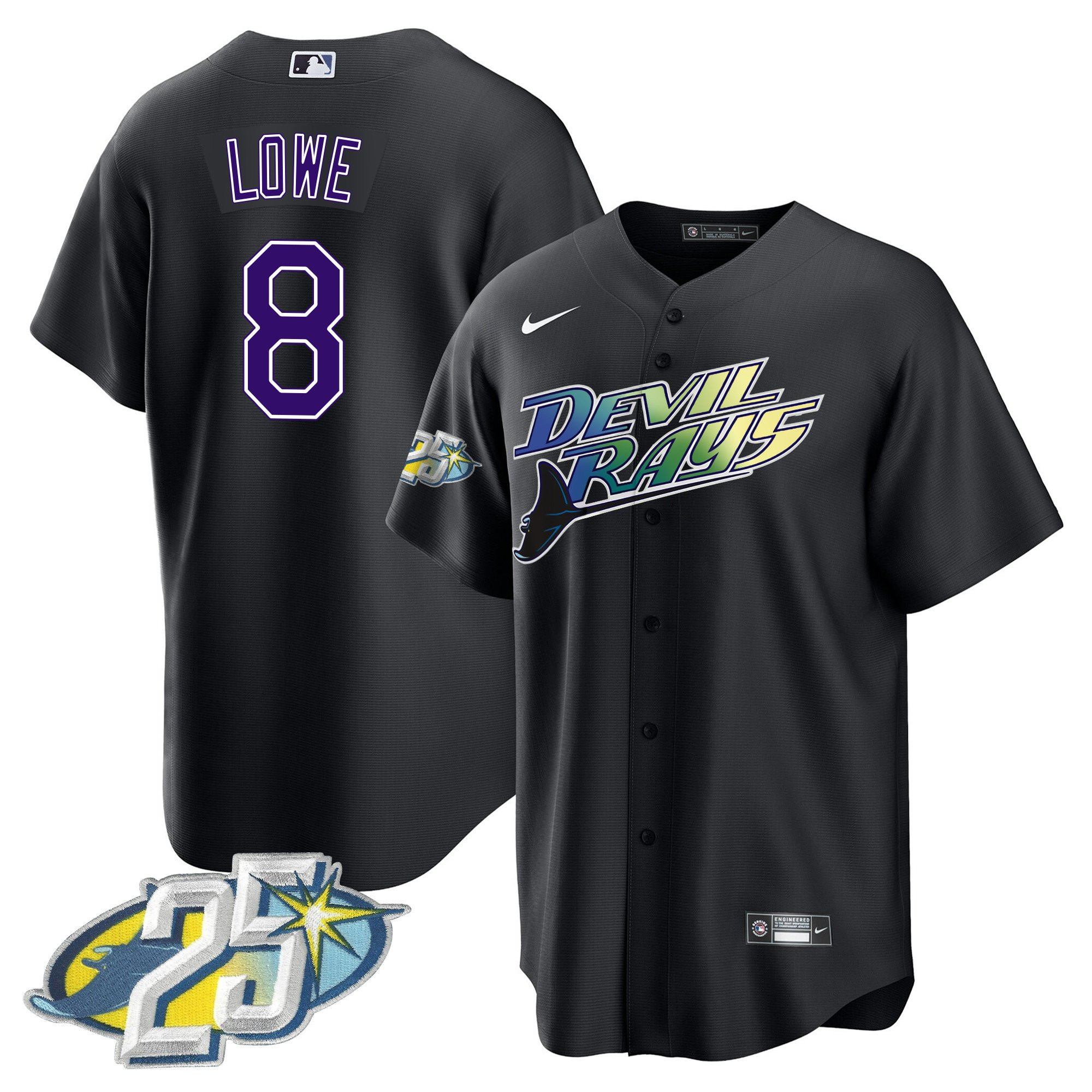 Brandon Lowe Men's Tampa Bay Rays 25th Anniversary Patch Cool Base Black Jersey