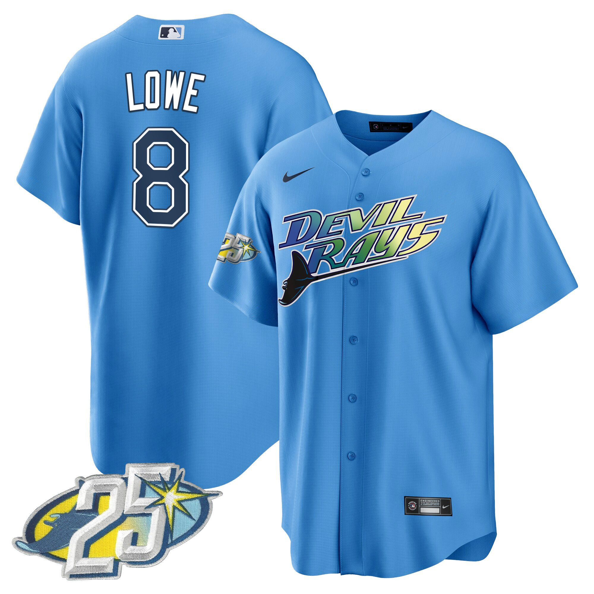 Brandon Lowe Men's Tampa Bay Rays 25th Anniversary Patch Cool Base Light Blue Jersey