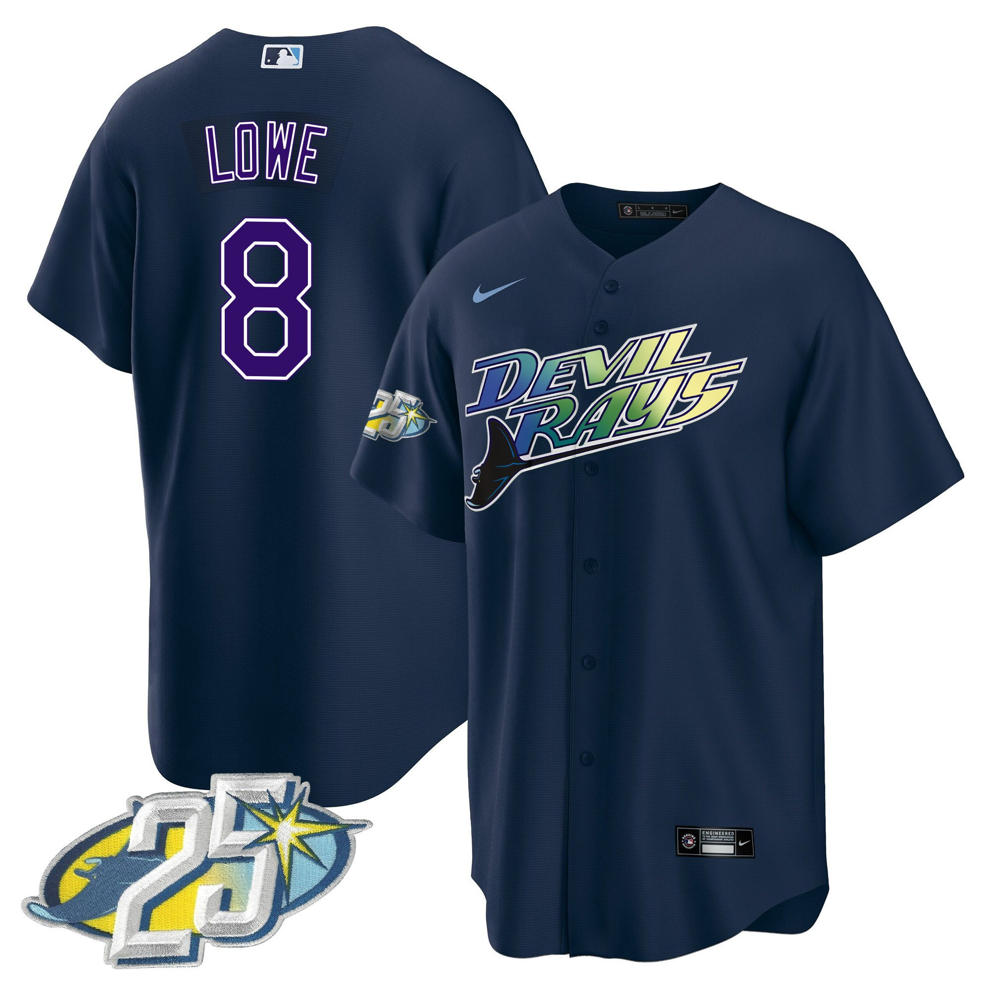 Brandon Lowe Men's Tampa Bay Rays 25th Anniversary Patch Cool Base Navy Jersey