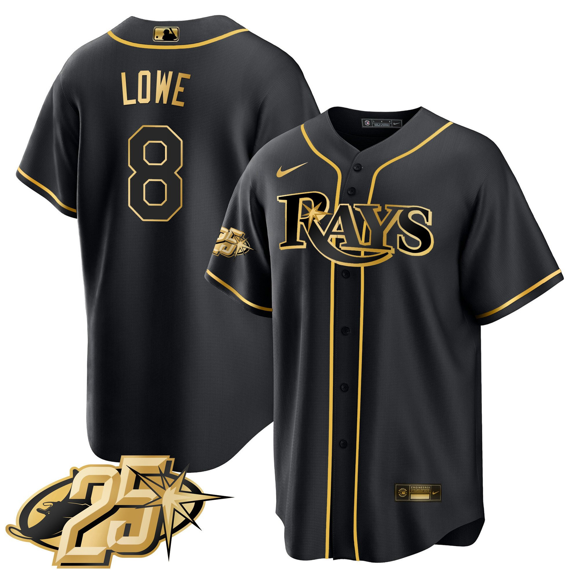 Brandon Lowe Men's Tampa Bay Rays 25th Anniversary Patch Cool Base V2 Black Gold Jersey