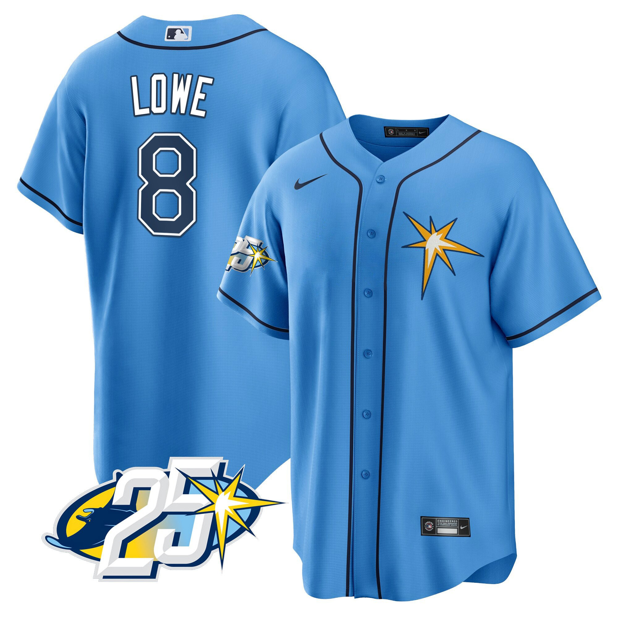 Brandon Lowe Men's Tampa Bay Rays 25th Anniversary Patch Cool Base V2 Light Blue Jersey