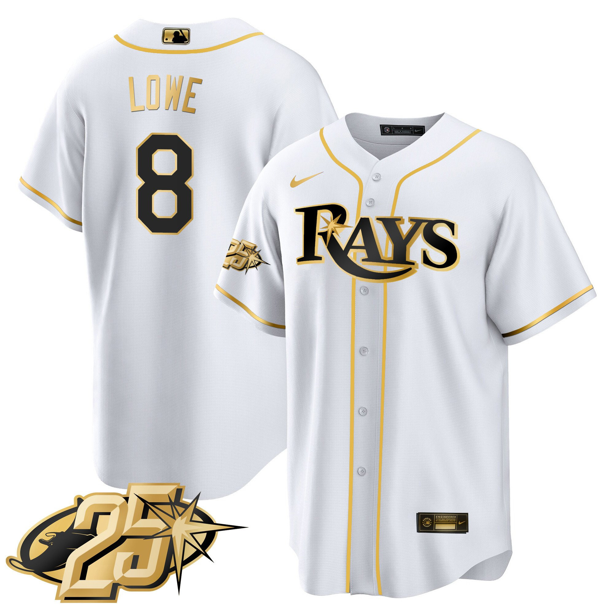 Brandon Lowe Men's Tampa Bay Rays 25th Anniversary Patch Cool Base V2 White Gold Jersey