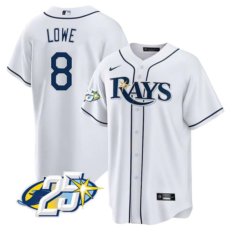 Brandon Lowe Men's Tampa Bay Rays 25th Anniversary Patch Cool Base V2 White Jersey