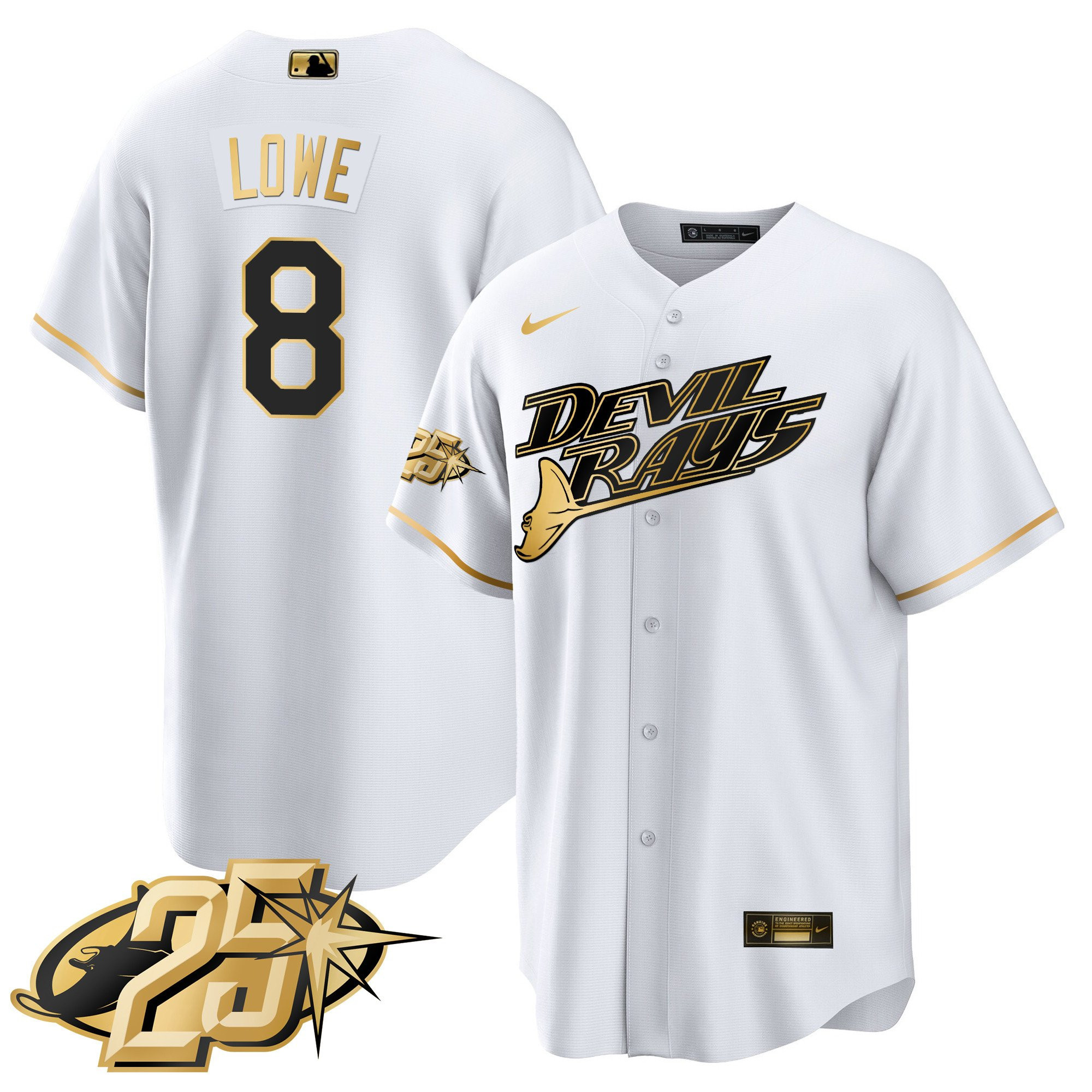 Brandon Lowe Men's Tampa Bay Rays 25th Anniversary Patch Cool Base White Gold Jersey