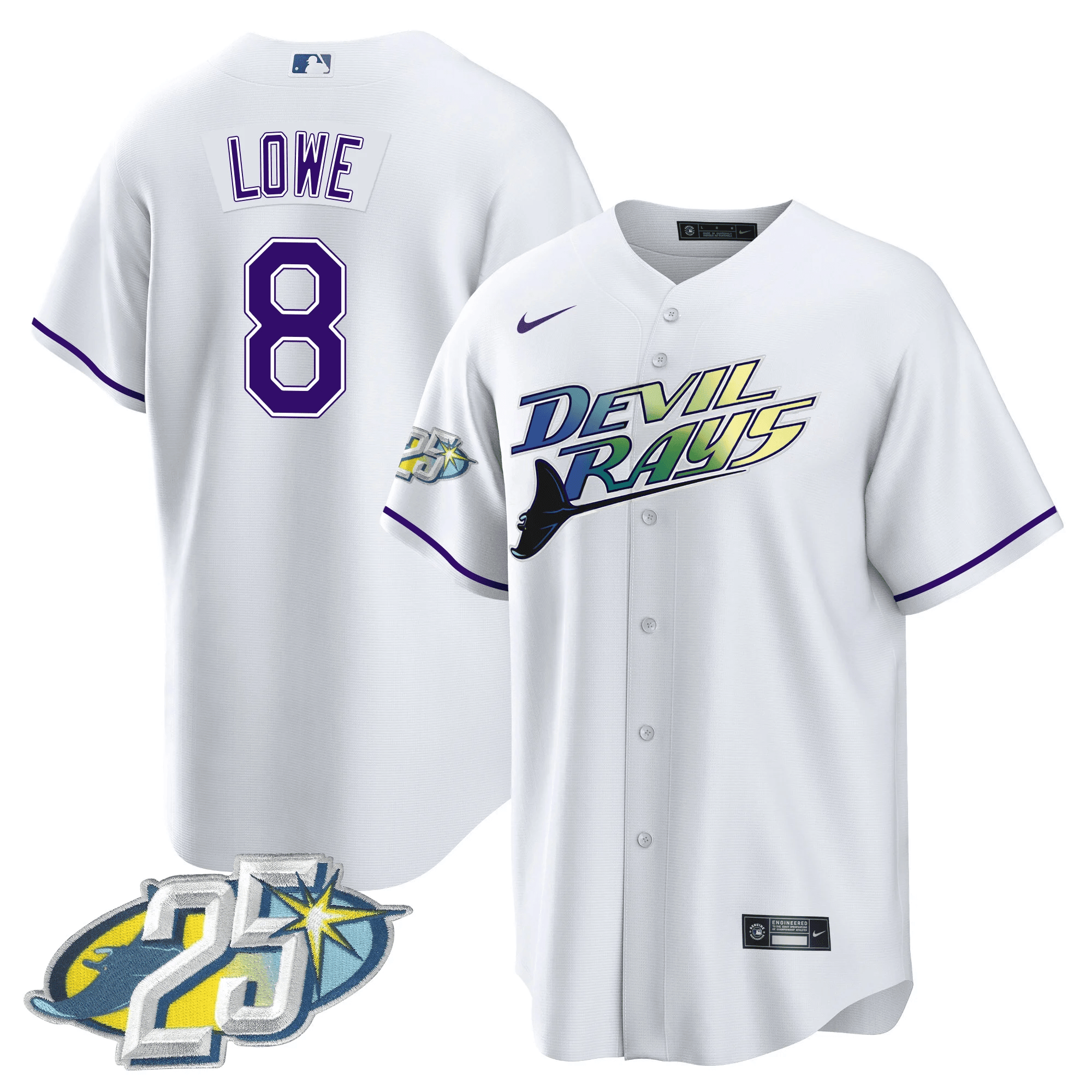 Brandon Lowe Men's Tampa Bay Rays 25th Anniversary Patch Cool Base White Jersey
