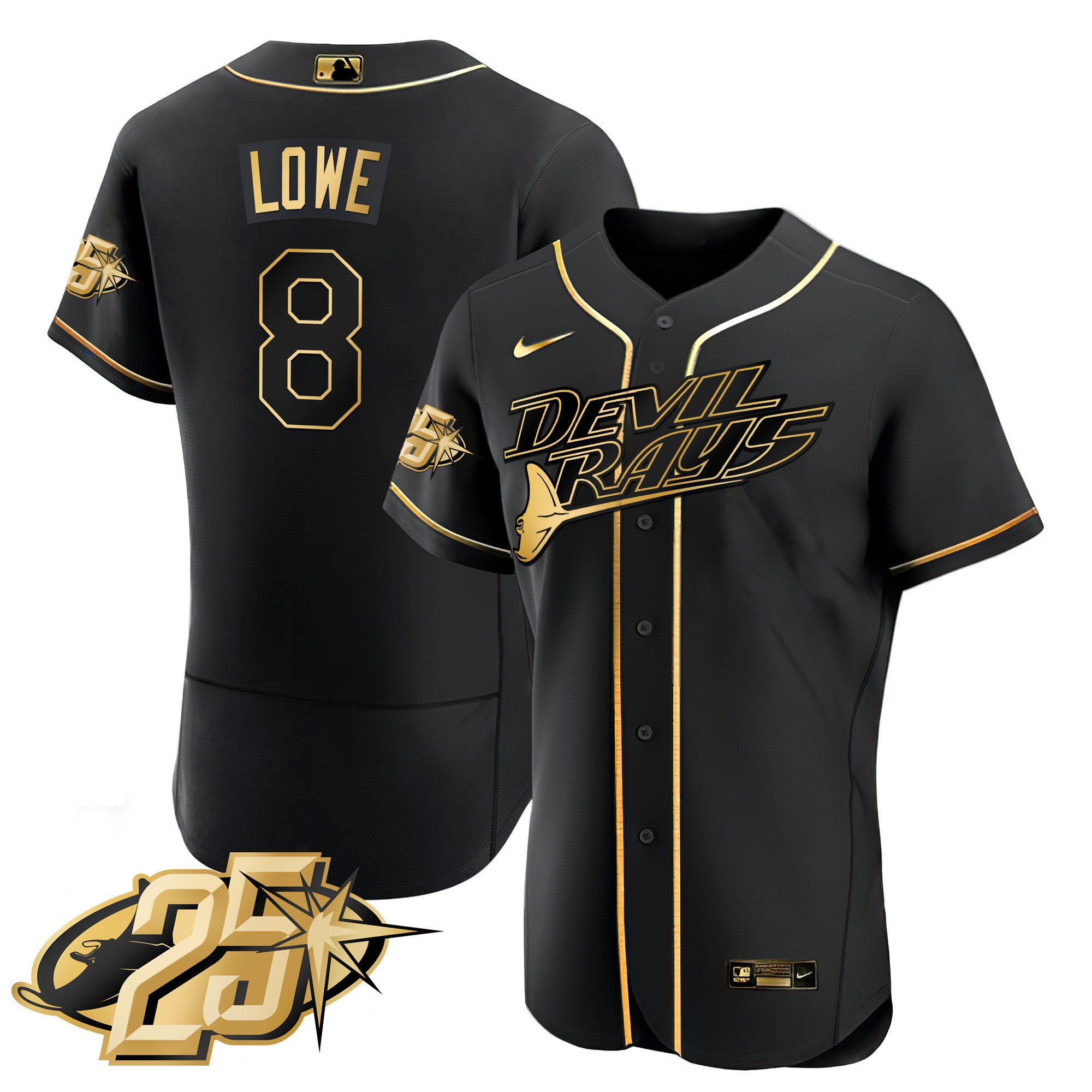 Brandon Lowe Men's Tampa Bay Rays 25th Anniversary Patch Flex Base Black Gold Jersey