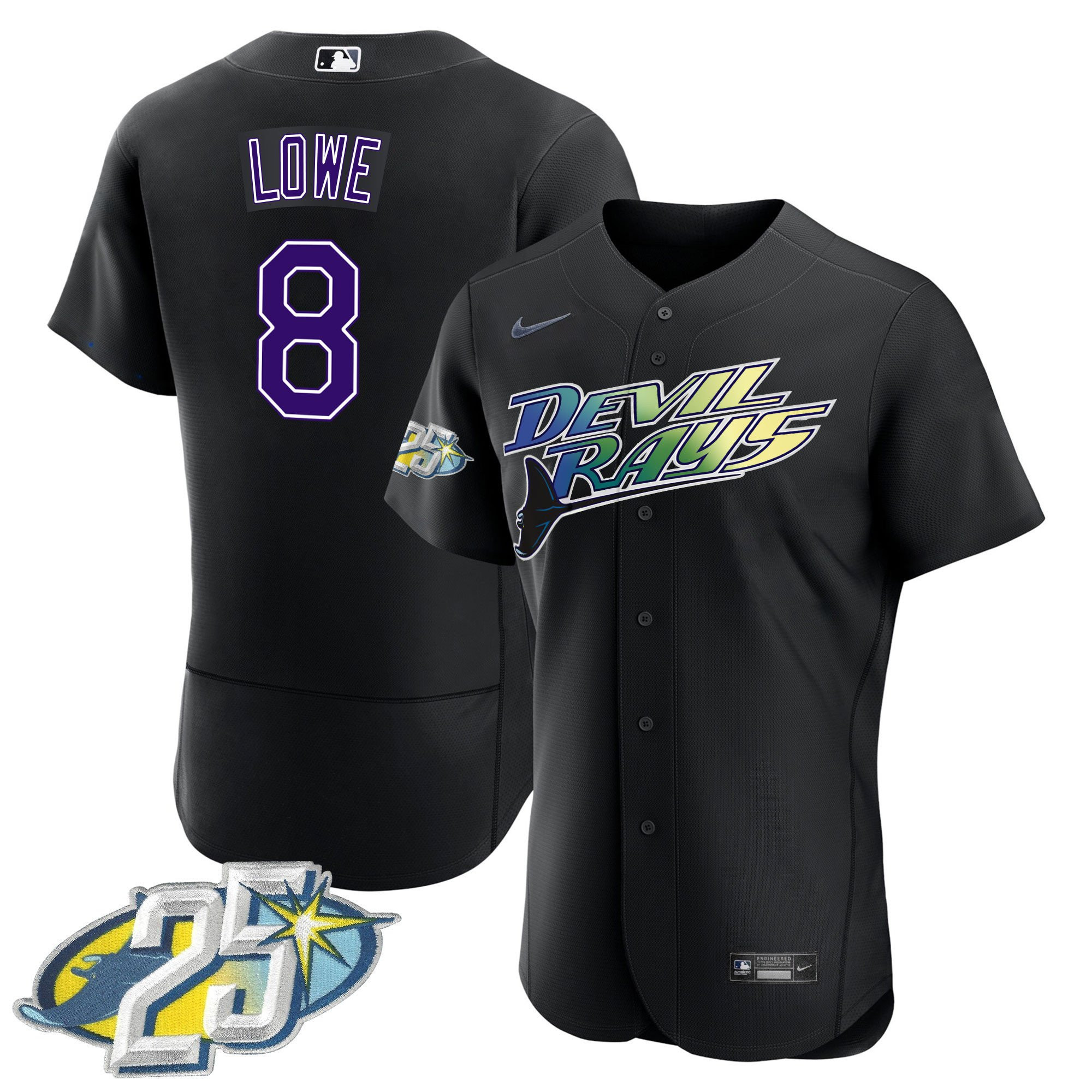 Brandon Lowe Men's Tampa Bay Rays 25th Anniversary Patch Flex Base Black Jersey