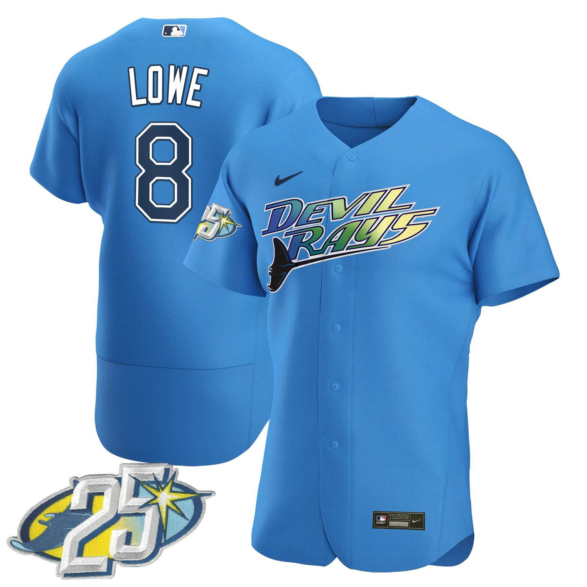 Brandon Lowe Men's Tampa Bay Rays 25th Anniversary Patch Flex Base Blue-Devil Jersey