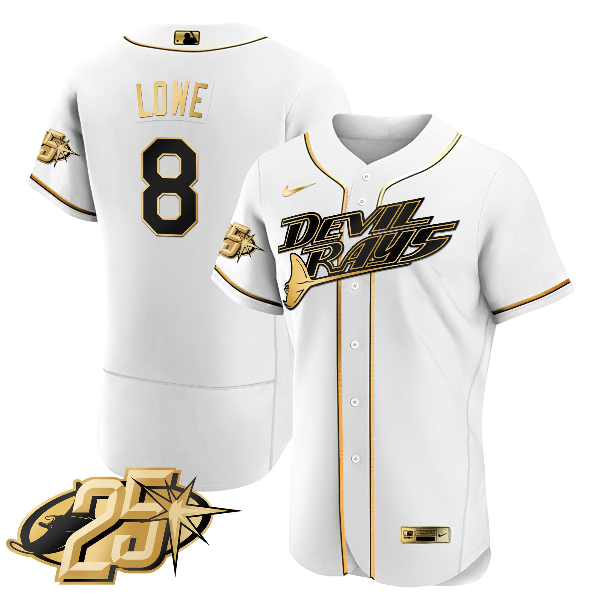Brandon Lowe Men's Tampa Bay Rays 25th Anniversary Patch Flex Base White Gold Jersey
