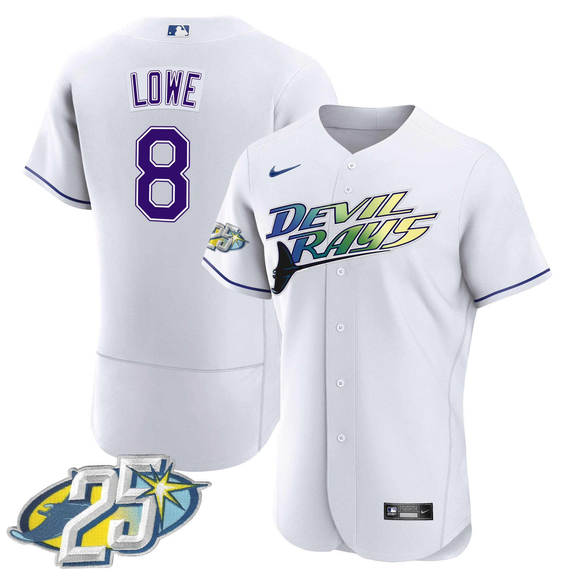 Brandon Lowe Men's Tampa Bay Rays 25th Anniversary Patch Flex Base White Jersey