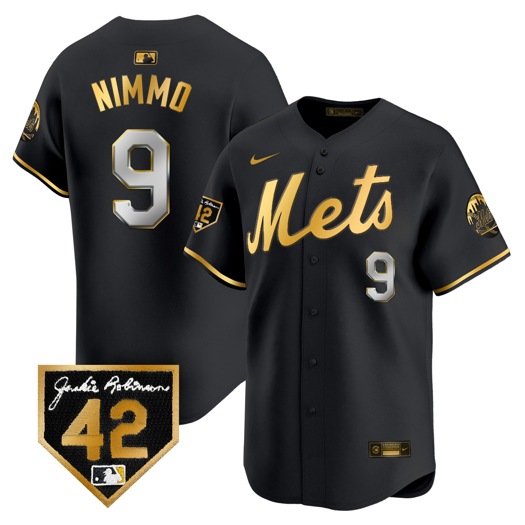 Brandon Nimmo Men's New York Mets Jackie Robinson Patch Vapor Premier Limited Black Gold Jersey