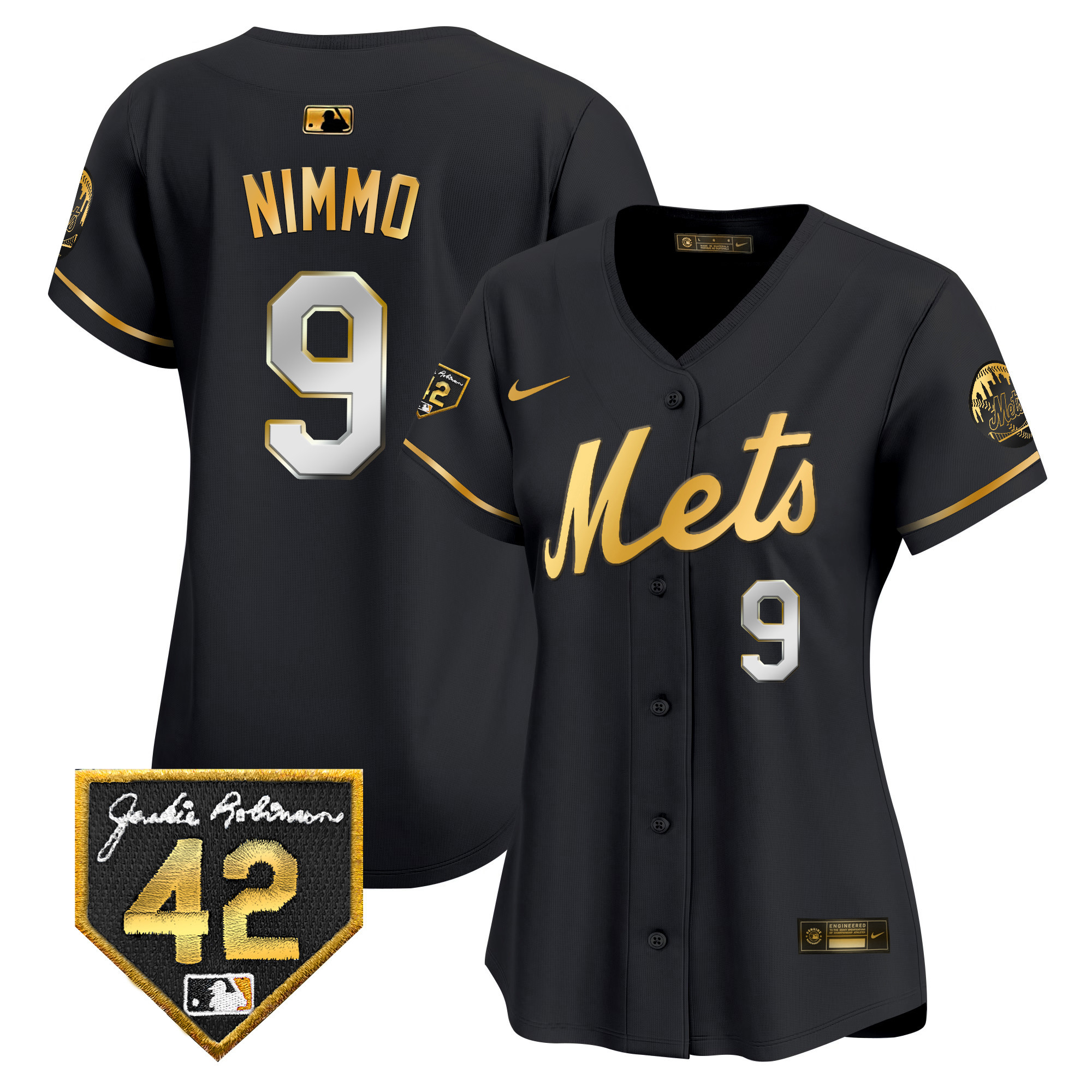 Brandon Nimmo Women's New York Mets Jackie Robinson Patch Vapor Premier Limited Black Gold Jersey