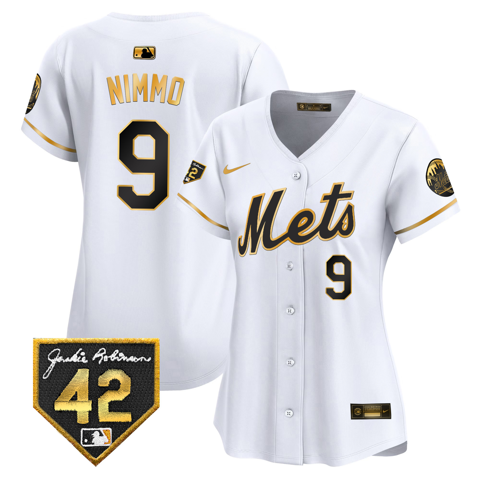 Brandon Nimmo Women's New York Mets Jackie Robinson Patch Vapor Premier Limited White Gold Jersey