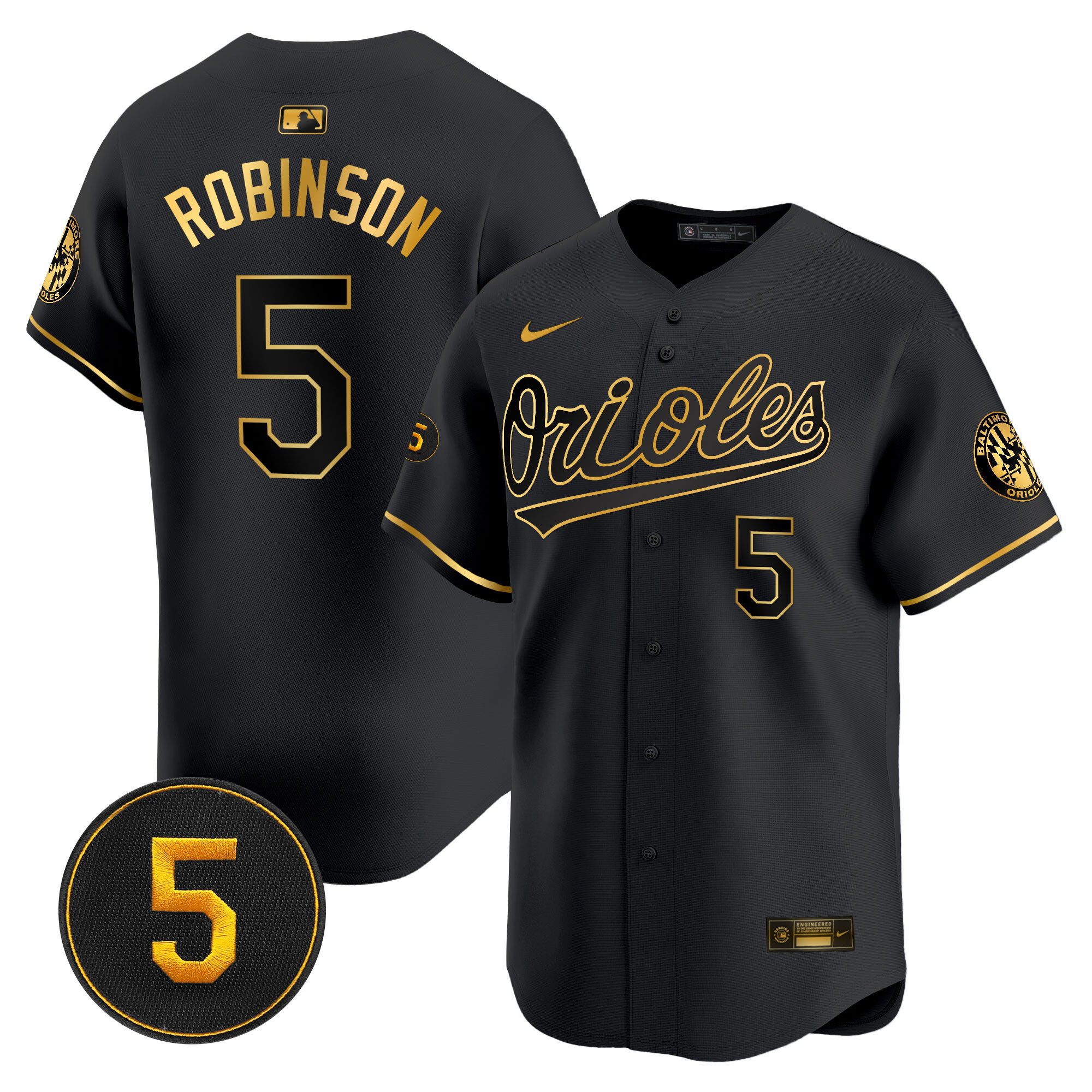 Brooks Robinson Men’s Baltimore Orioles Robinson Patch Vapor Premier Limited Black Gold Jersey - All Stitched