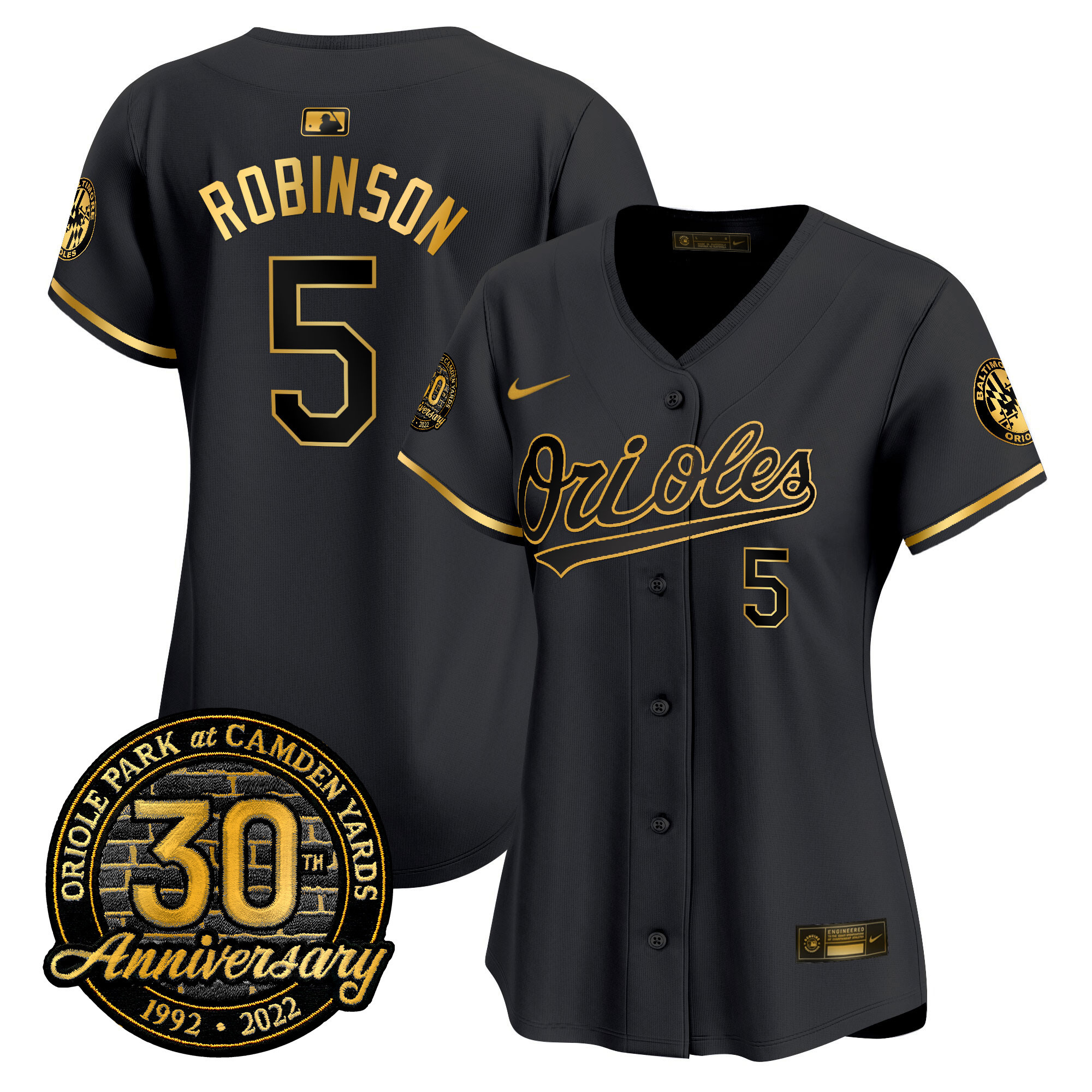 Brooks Robinson Women’s Baltimore Orioles Camden Yards 30th Anniversary Patch Vapor Premier Limited Black Gold Jersey - All Stitched