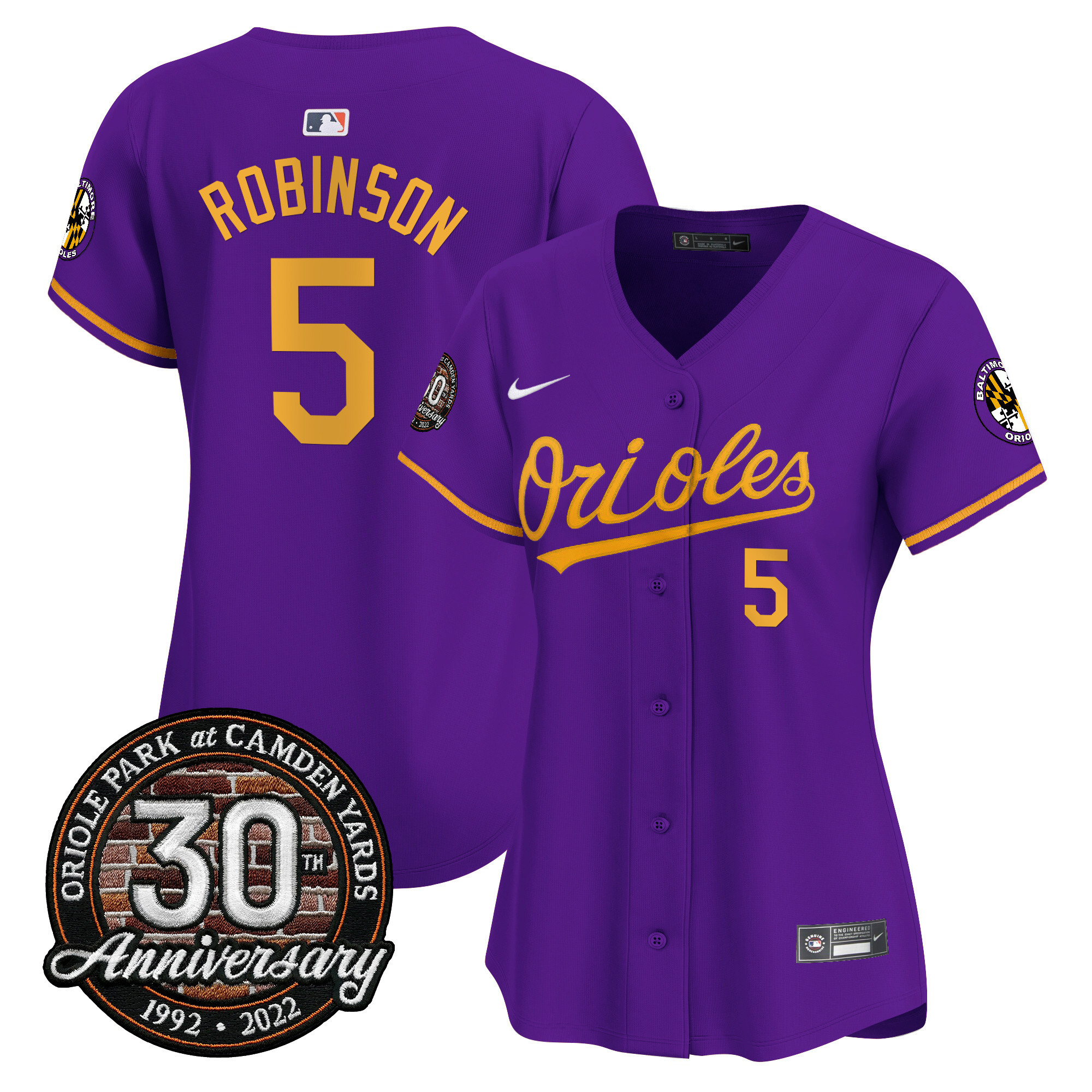 Brooks Robinson Women’s Baltimore Orioles Camden Yards 30th Anniversary Patch Vapor Premier Limited Purple Gold Jersey - All Stitched