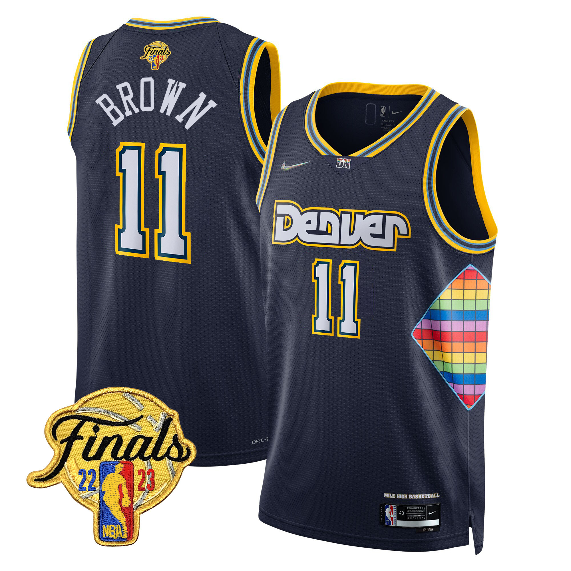Bruce Brown Men's Denver Nuggets Finals Patch Gold Trim City Navy Jersey - All Stitched