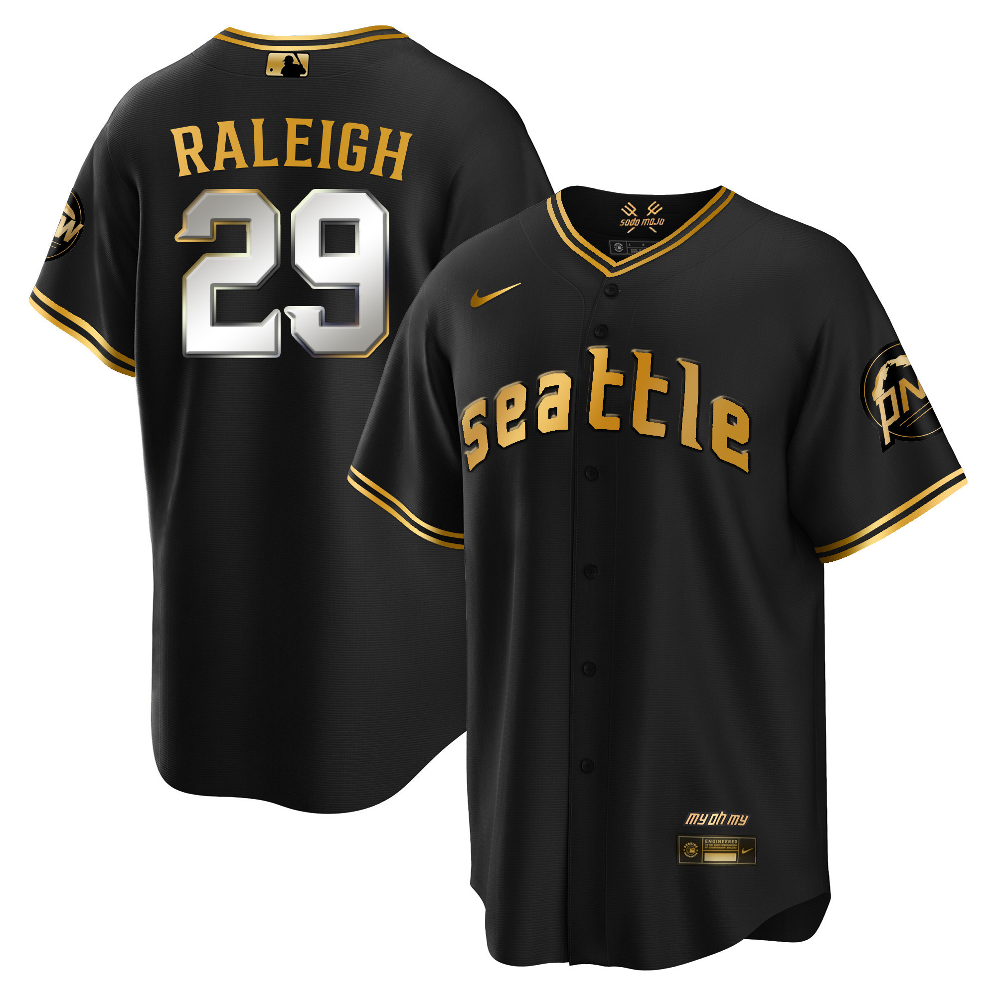 Cal Raleigh Men's Seattle Mariners City Connect Cool Base Black Gold Jersey