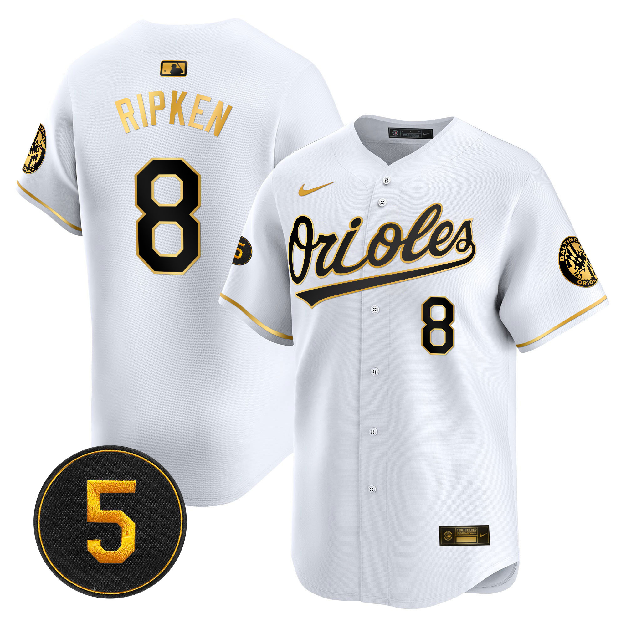 Cal Ripken Men’s Baltimore Orioles Robinson Patch Vapor Premier Limited White Gold Jersey - All Stitched