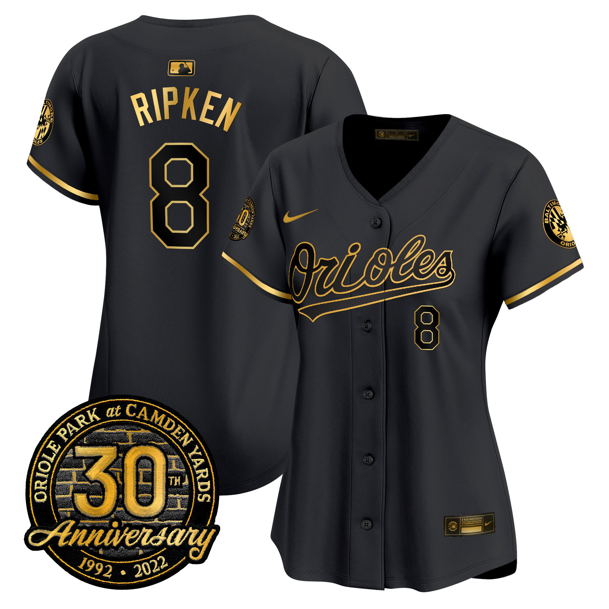 Cal Ripken Women’s Baltimore Orioles Camden Yards 30th Anniversary Patch Vapor Premier Limited Black Gold Jersey - All Stitched