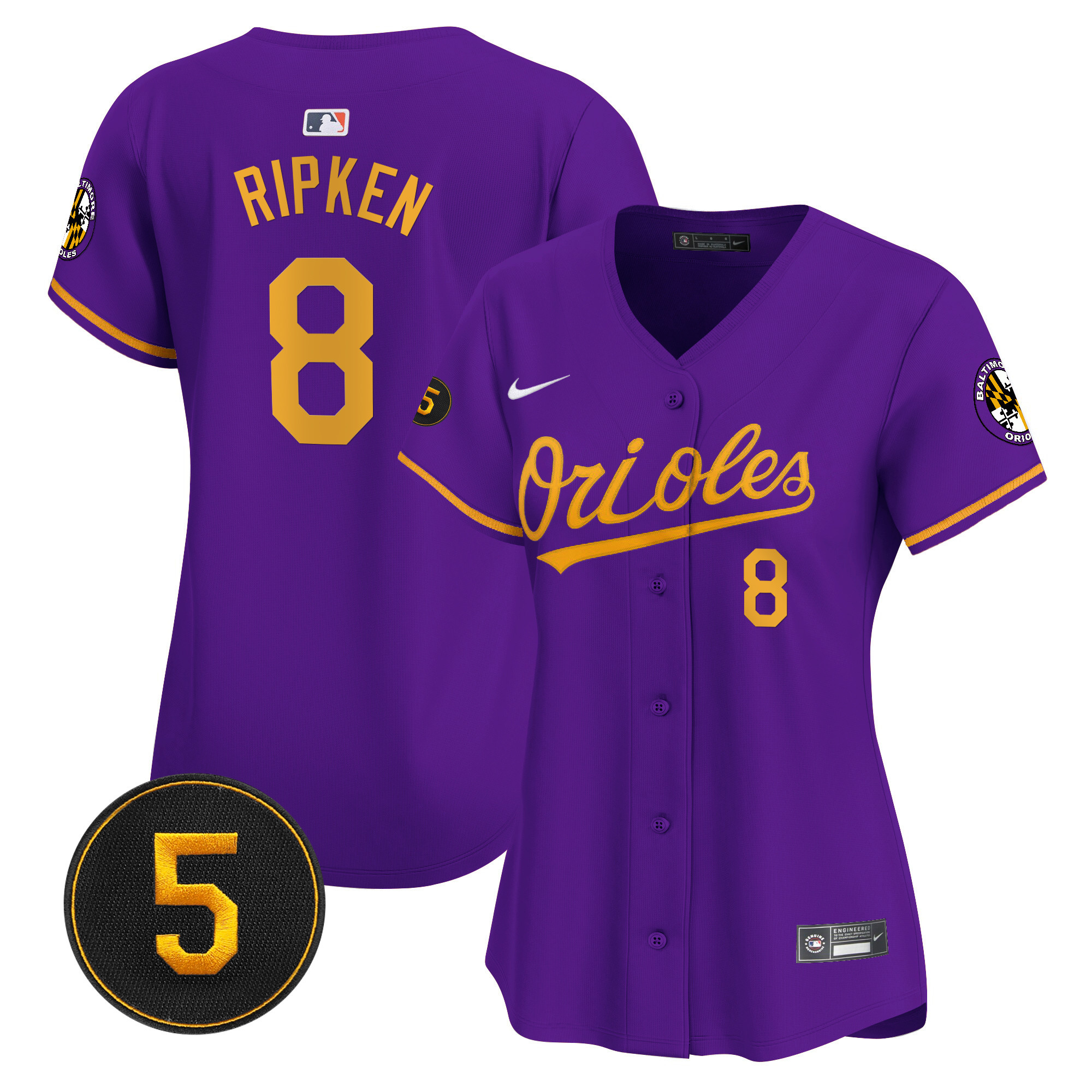 Cal Ripken Women’s Baltimore Orioles Robinson Patch Vapor Premier Limited Purple Gold Jersey - All Stitched