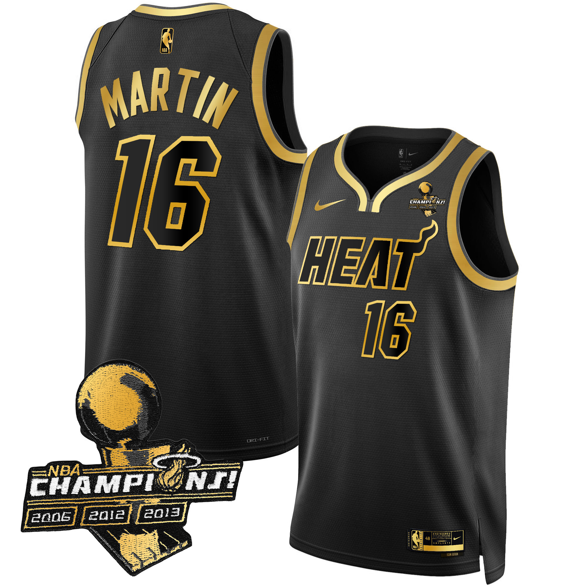 Caleb Martin Men's Miami Heat 3-Time Champions Patch Collection Black Gold Jersey - All Stitched