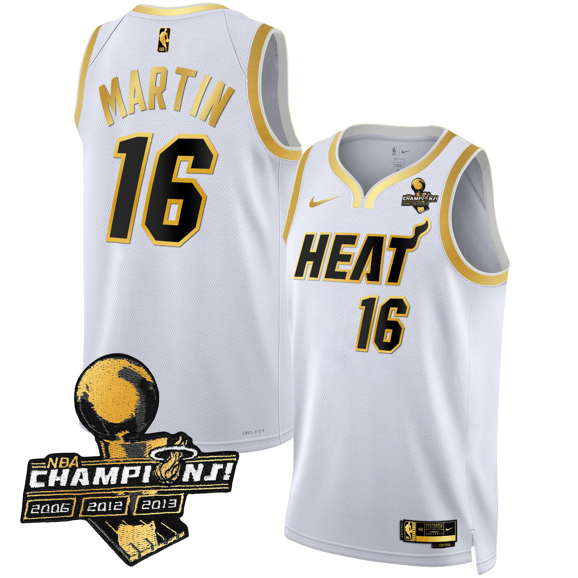 Caleb Martin Men's Miami Heat 3-Time Champions Patch Collection White Gold Jersey - All Stitched