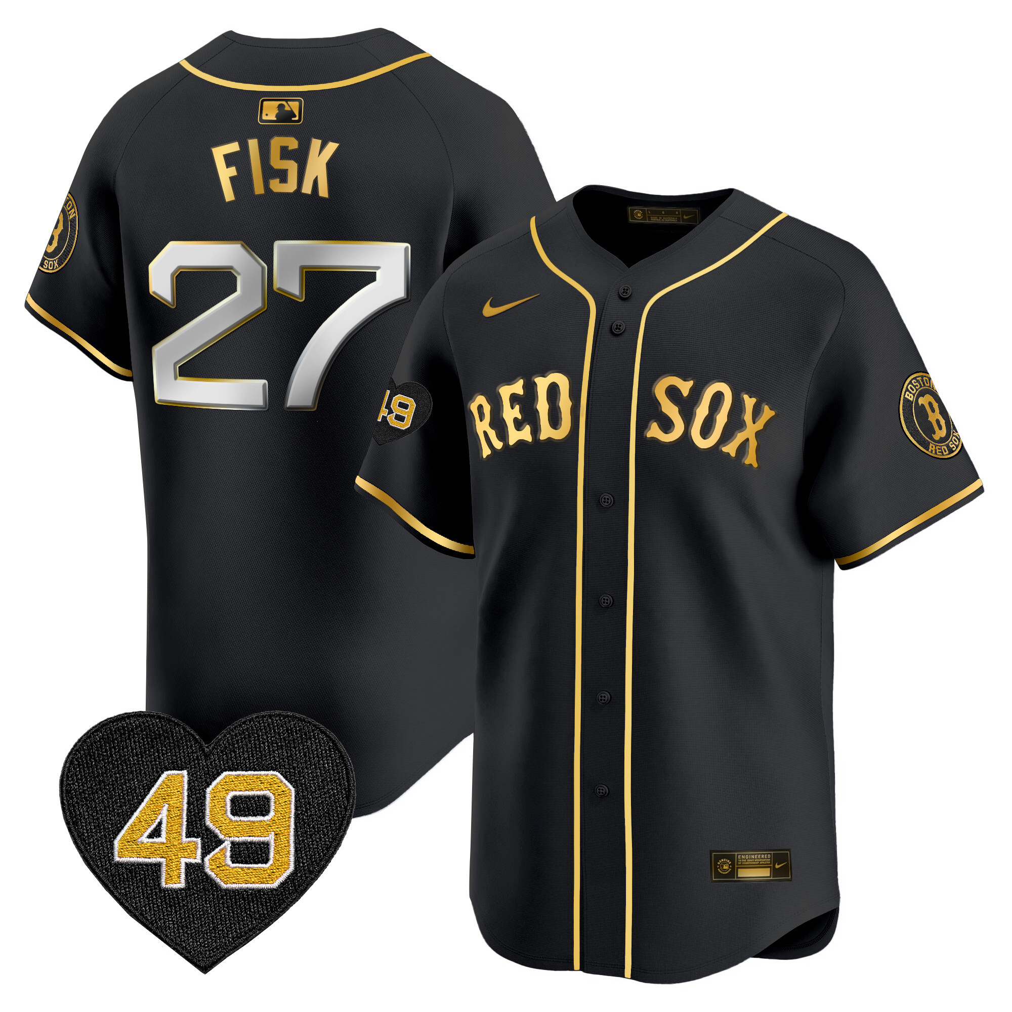 Carlton Fisk Men's Boston Red Sox Tim Wakefield Patch Vapor Premier Limited Black Gold Jersey - All Stitched