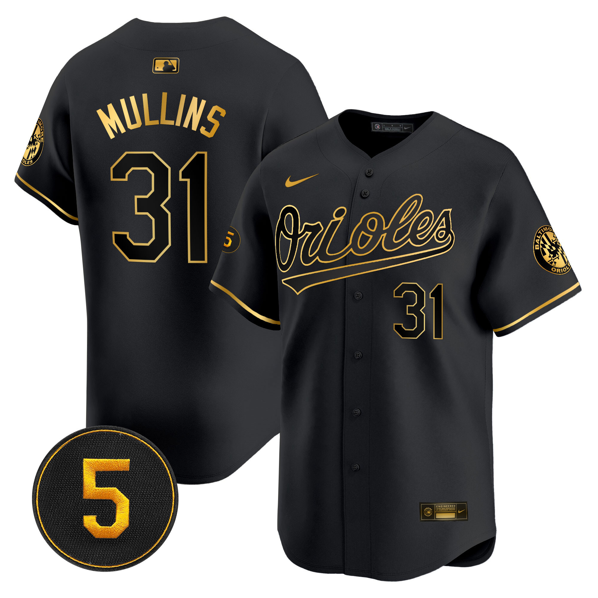 Cedric Mullins Men’s Baltimore Orioles Robinson Patch Vapor Premier Limited Black Gold Jersey - All Stitched