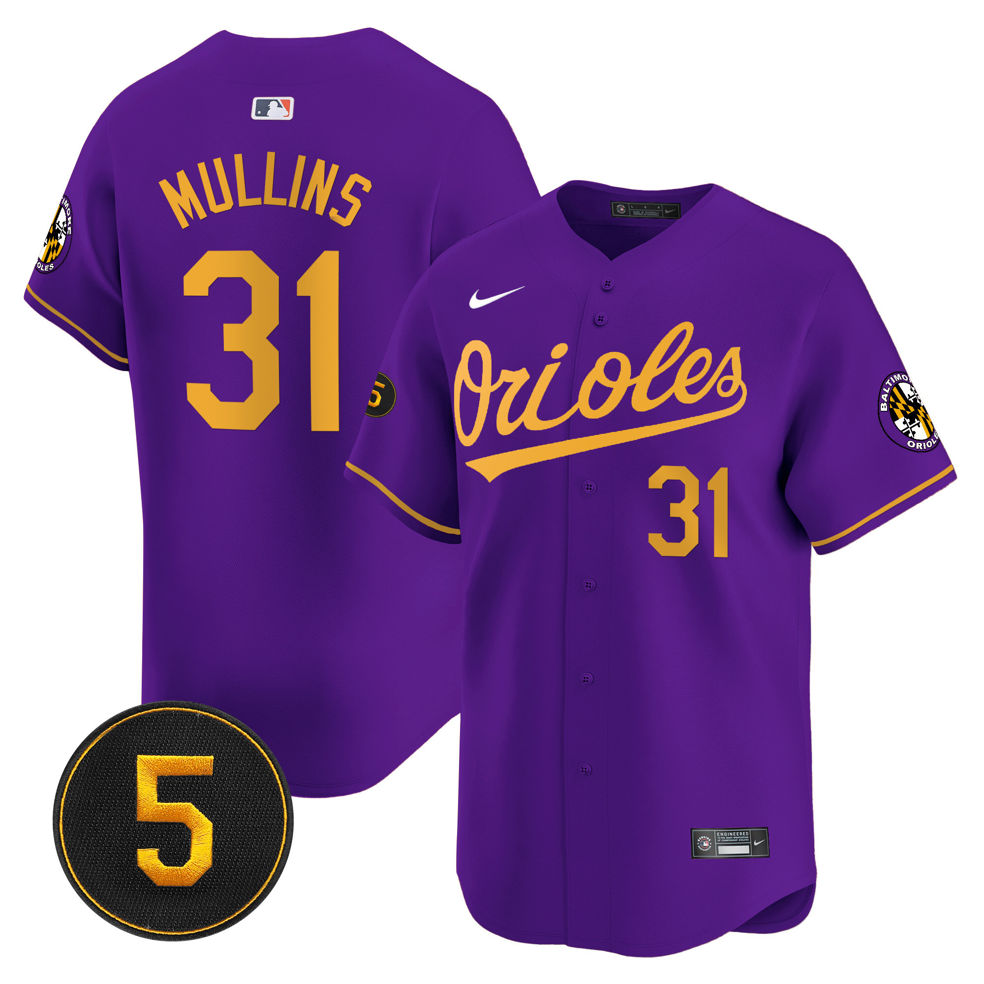 Cedric Mullins Men’s Baltimore Orioles Robinson Patch Vapor Premier Limited Purple Gold Jersey - All Stitched
