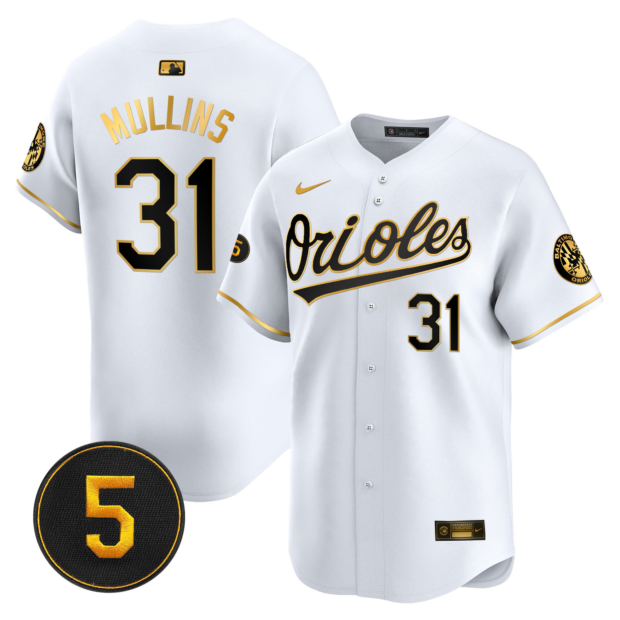 Cedric Mullins Men’s Baltimore Orioles Robinson Patch Vapor Premier Limited White Gold Jersey - All Stitched
