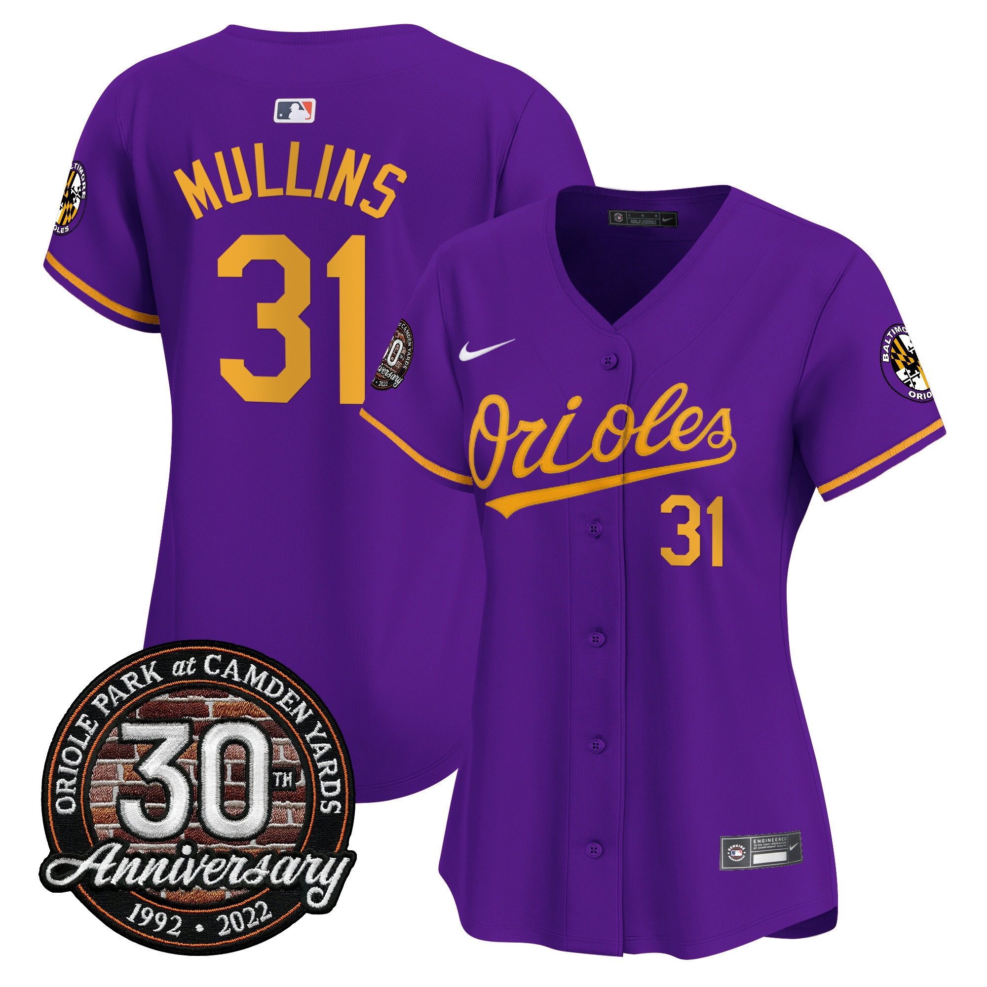 Cedric Mullins Women’s Baltimore Orioles Camden Yards 30th Anniversary Patch Vapor Premier Limited Purple Gold Jersey - All Stitched