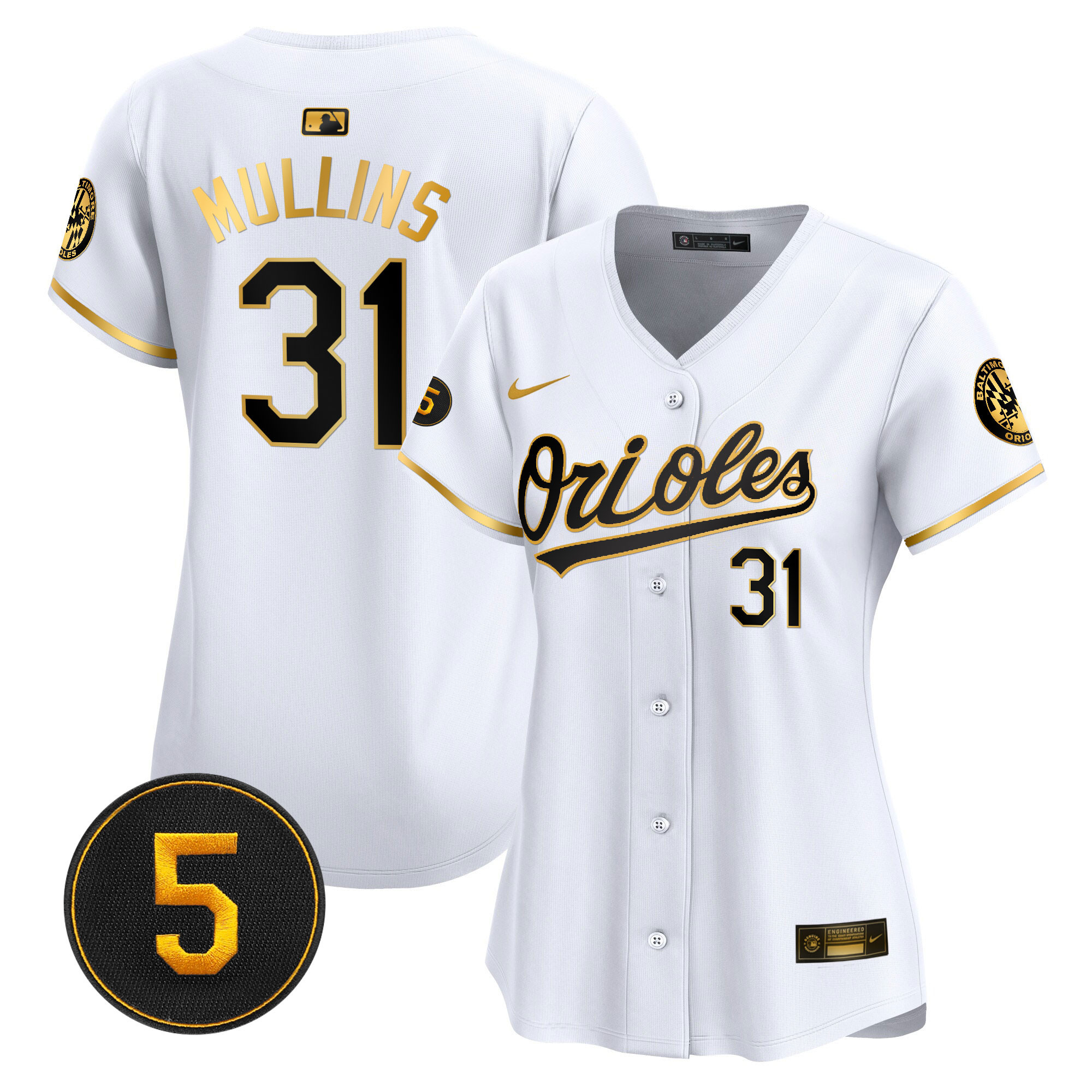 Cedric Mullins Women’s Baltimore Orioles Robinson Patch Vapor Premier Limited White Gold Jersey - All Stitched