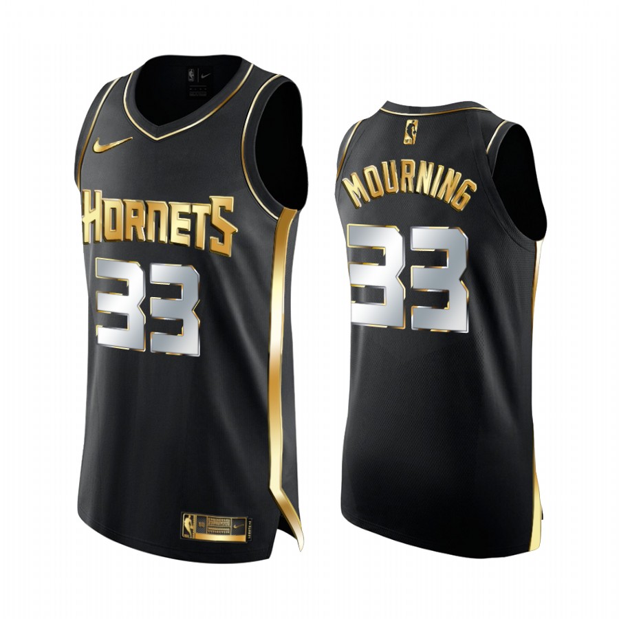 Charlotte Hornets Alonzo Mourning Black Golden Edition Limited Jersey 