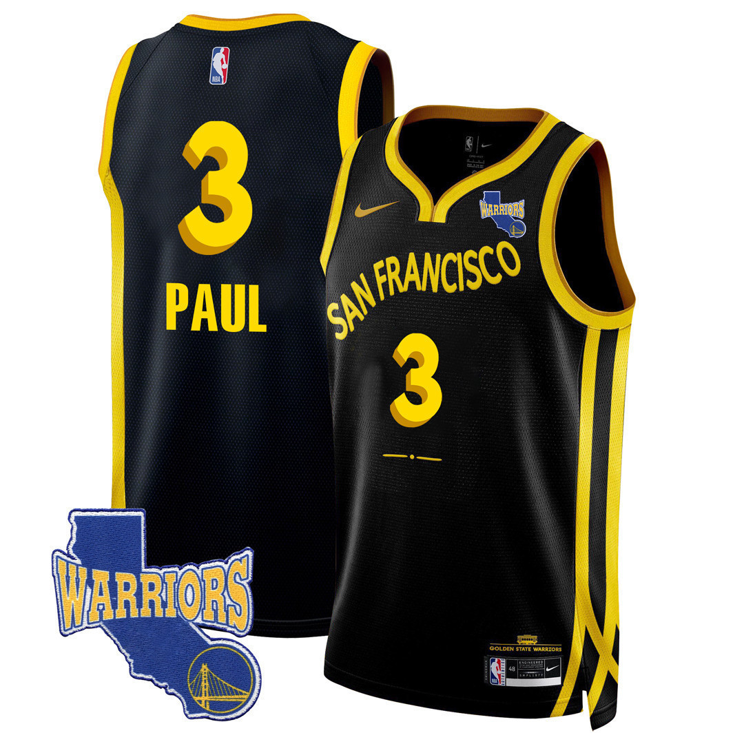 Chris Paul Men's Golden State Warriors California State Patch City Black Jersey - All Stitched
