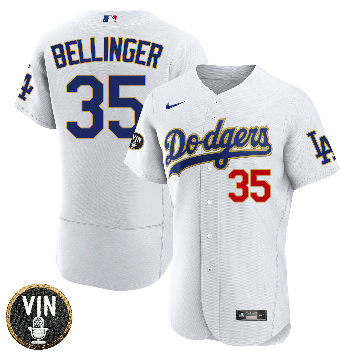 Cody Bellinger Los Angeles Dodgers Vin Scully Patch Gold Trim Player - White Jersey