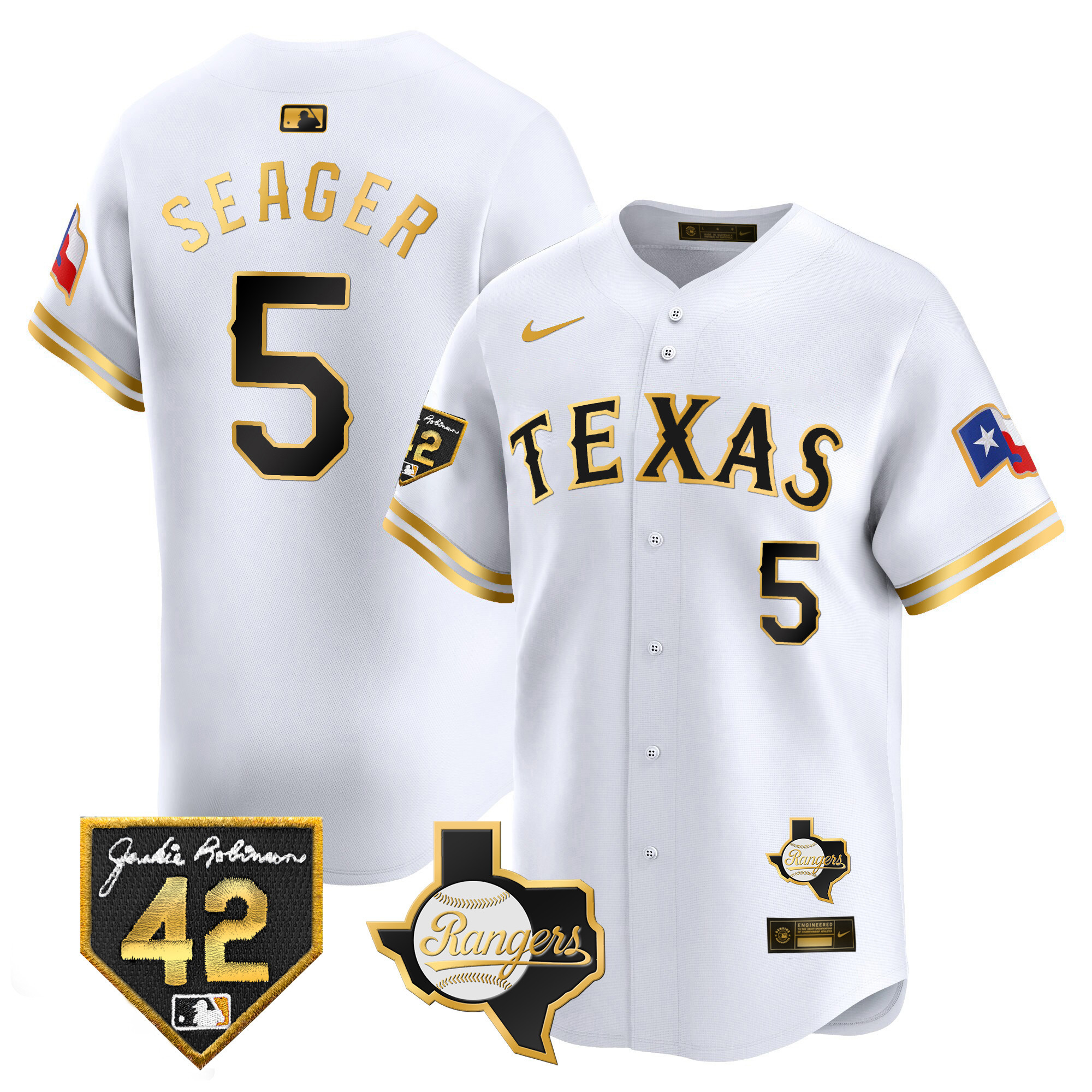 Corey Seager Men's Texas Rangers Jackie Robinson Patch Vapor Premier Limited White Gold Jersey