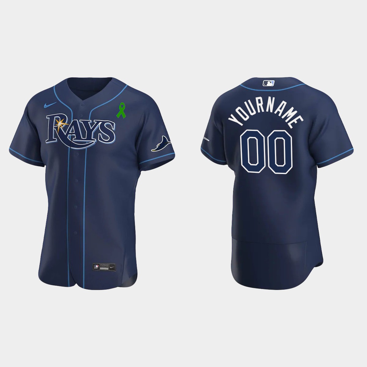 Custom Tampa Bay Rays Green Ribbon Alternate Jersey - Navy