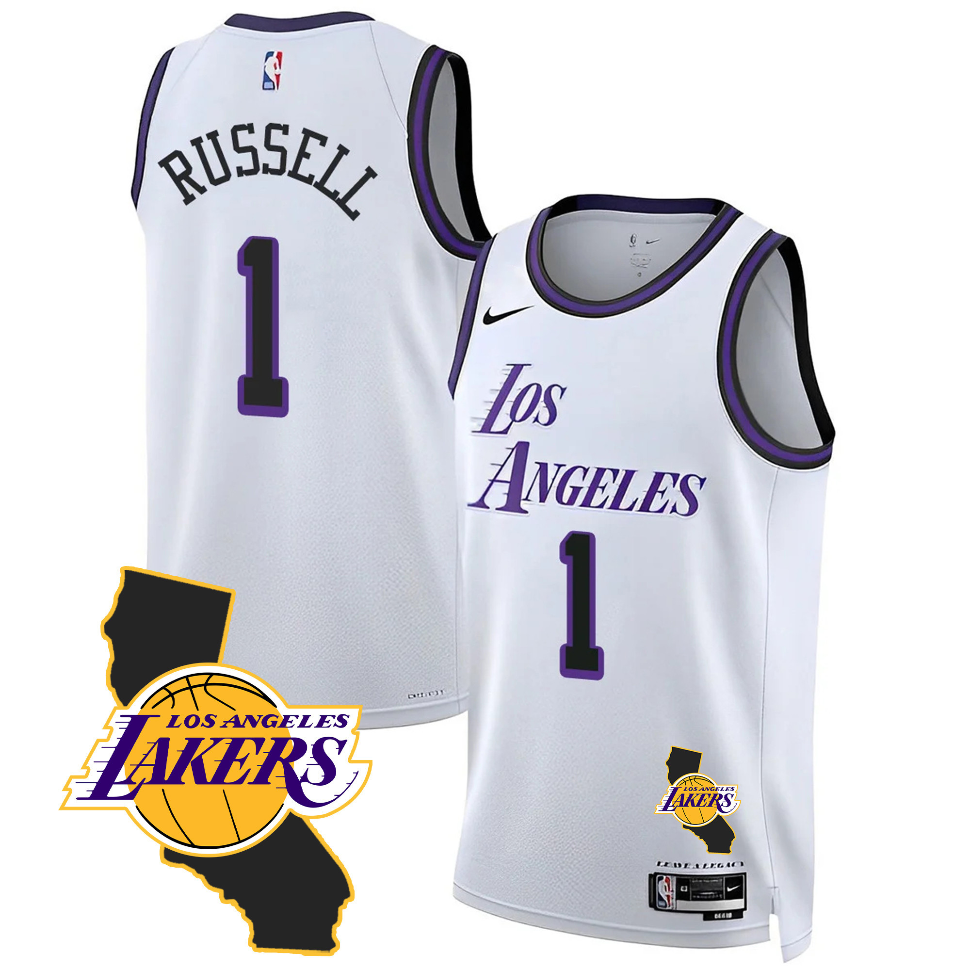 D'Angelo Russell Men's Los Angeles Lakers California Patch City Jersey - All Stitched