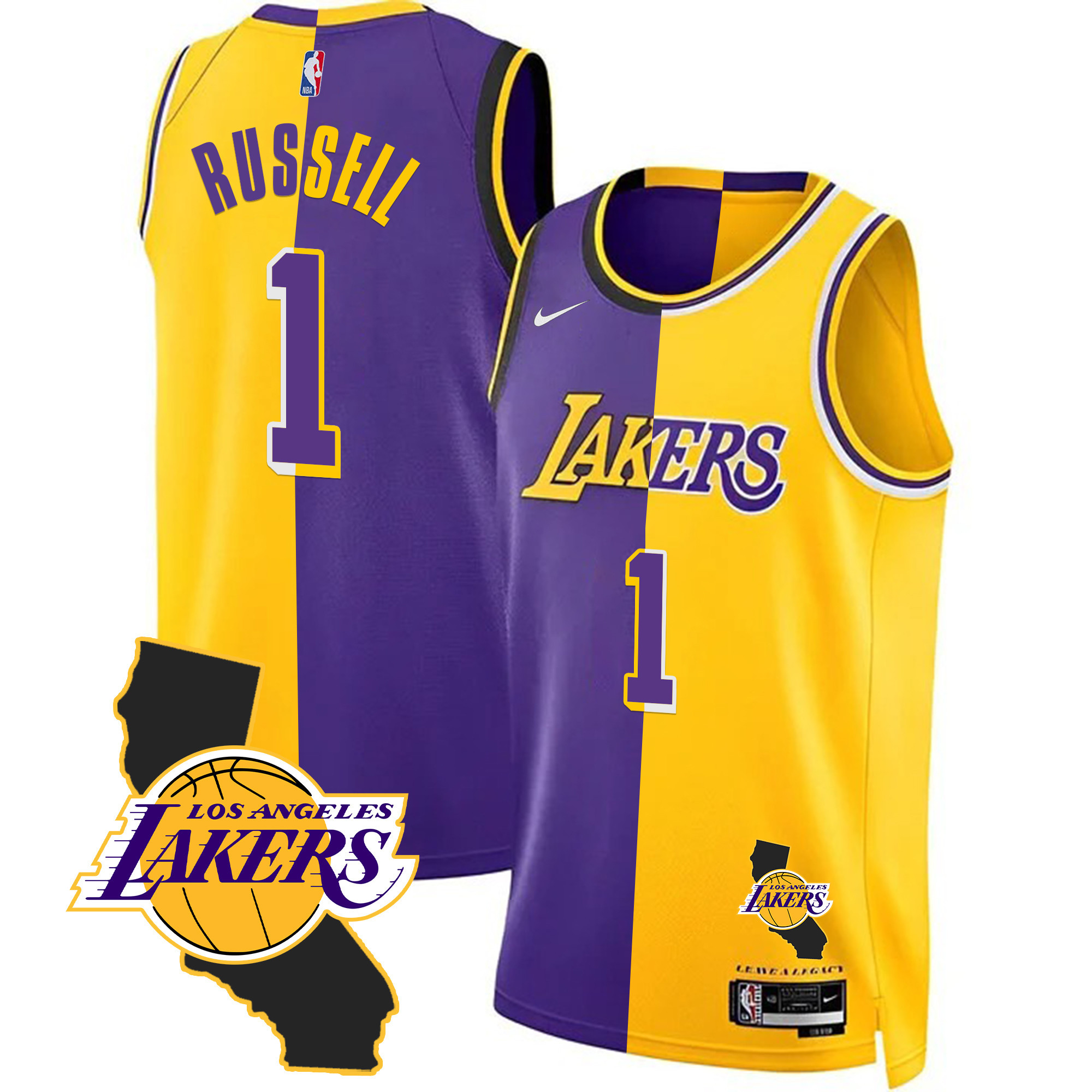 D'Angelo Russell Men's Los Angeles Lakers California Patch Split Jersey - All Stitched