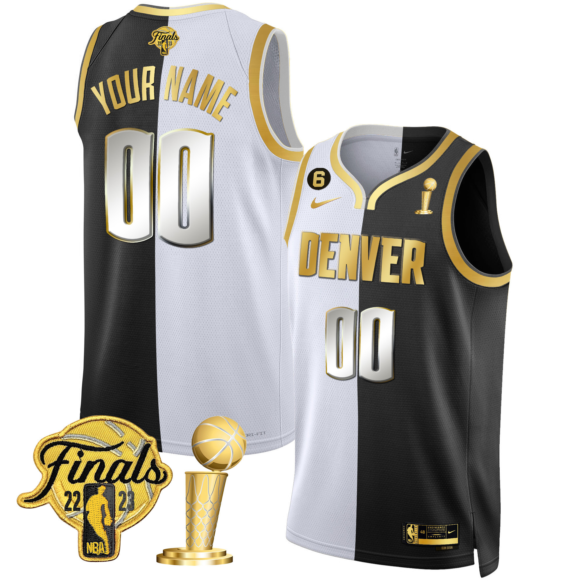 Denver Nuggets Finals & Champions Black & White Gold Custom Split Limited Jersey - All Stitched