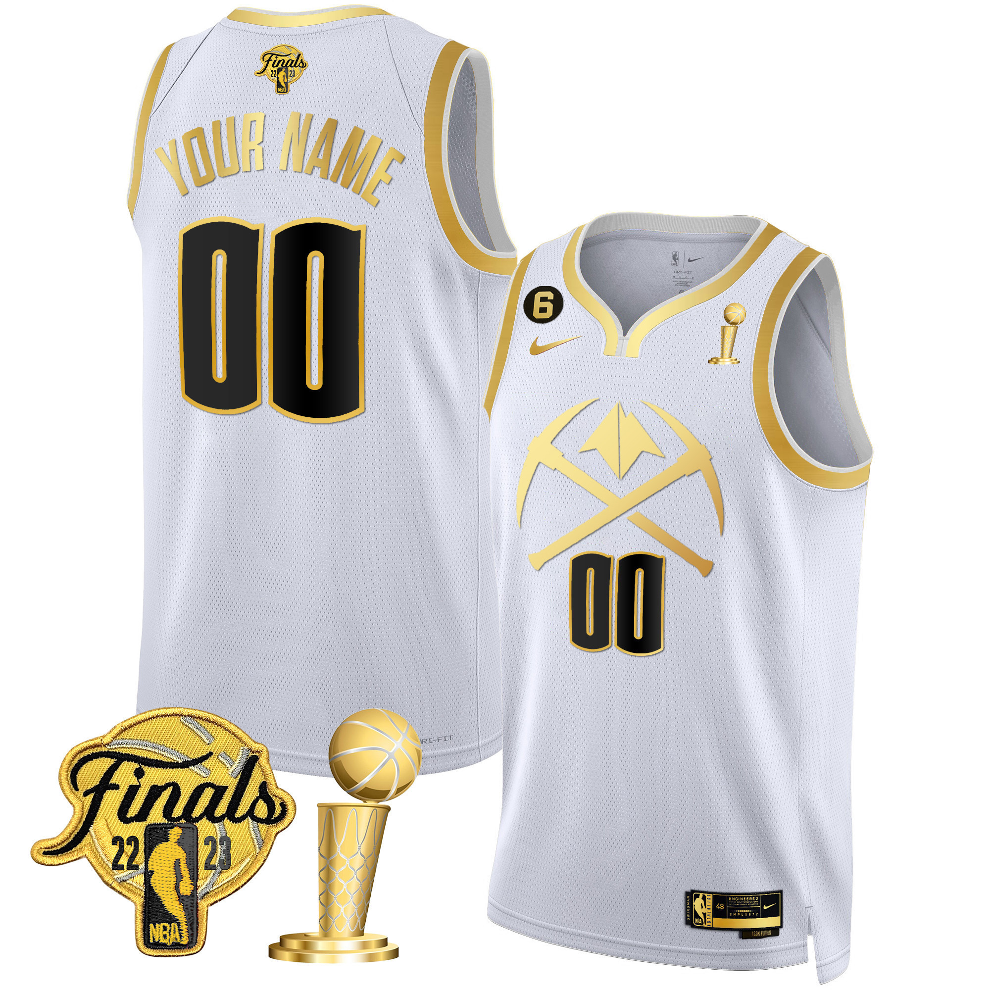 Denver Nuggets Finals & Champions Patch Gold Special Custom V2 White Gold Jersey - All Stitched