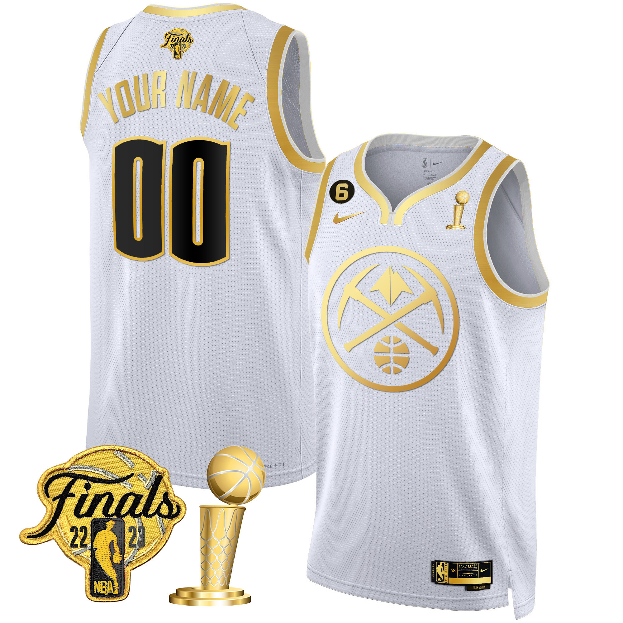 Denver Nuggets Finals & Champions Patch Gold Special Custom White Gold Jersey - All Stitched